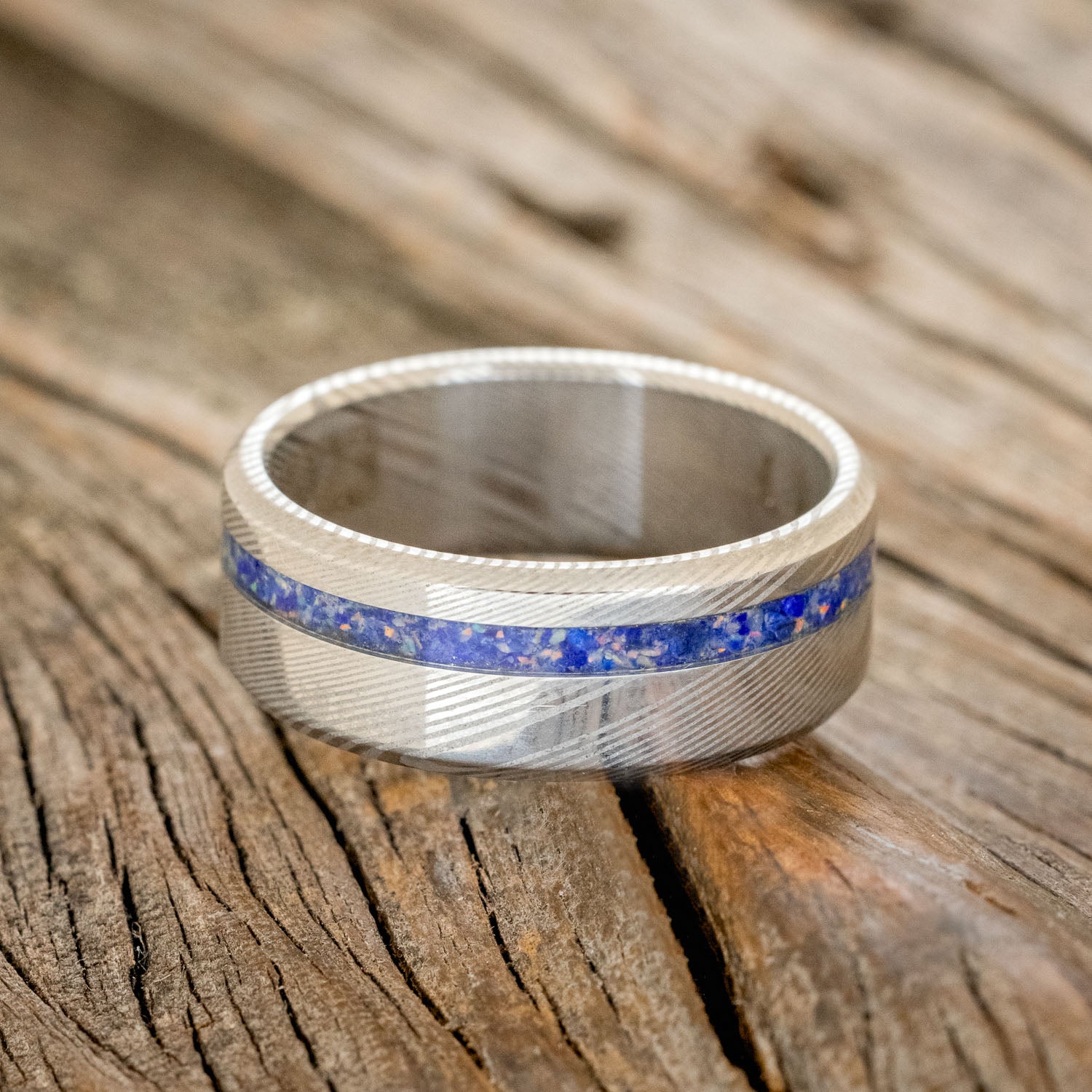 "VERTIGO" - MIXED LAPIS LAZULI & FIRE AND ICE OPAL WEDDING BAND-9
