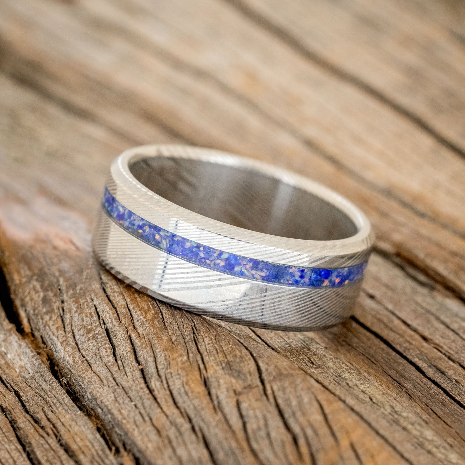 "VERTIGO" - MIXED LAPIS LAZULI & FIRE AND ICE OPAL WEDDING BAND-8