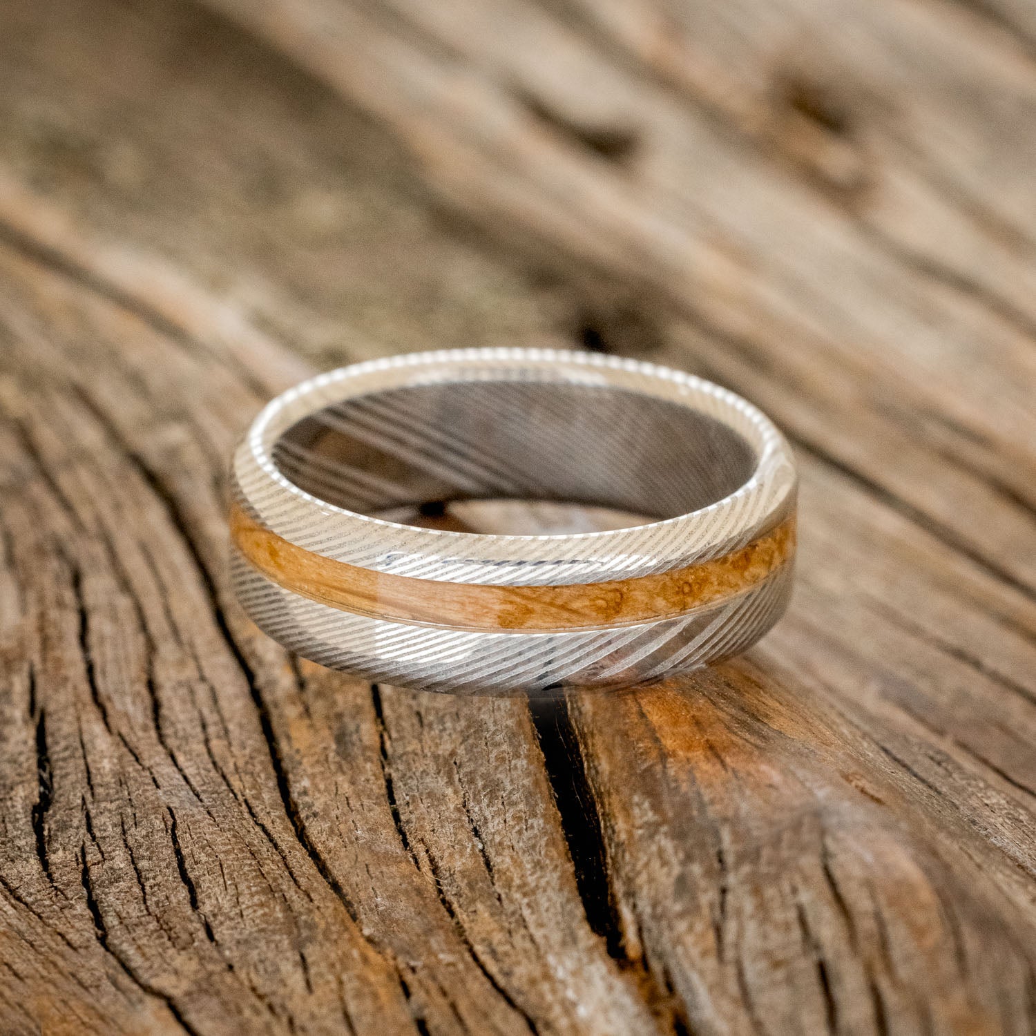 "AUSTIN" - MATCHING SET OF ETCHED DAMASCUS STEEL WEDDING BANDS WITH WHISKEY BARREL INLAY-7