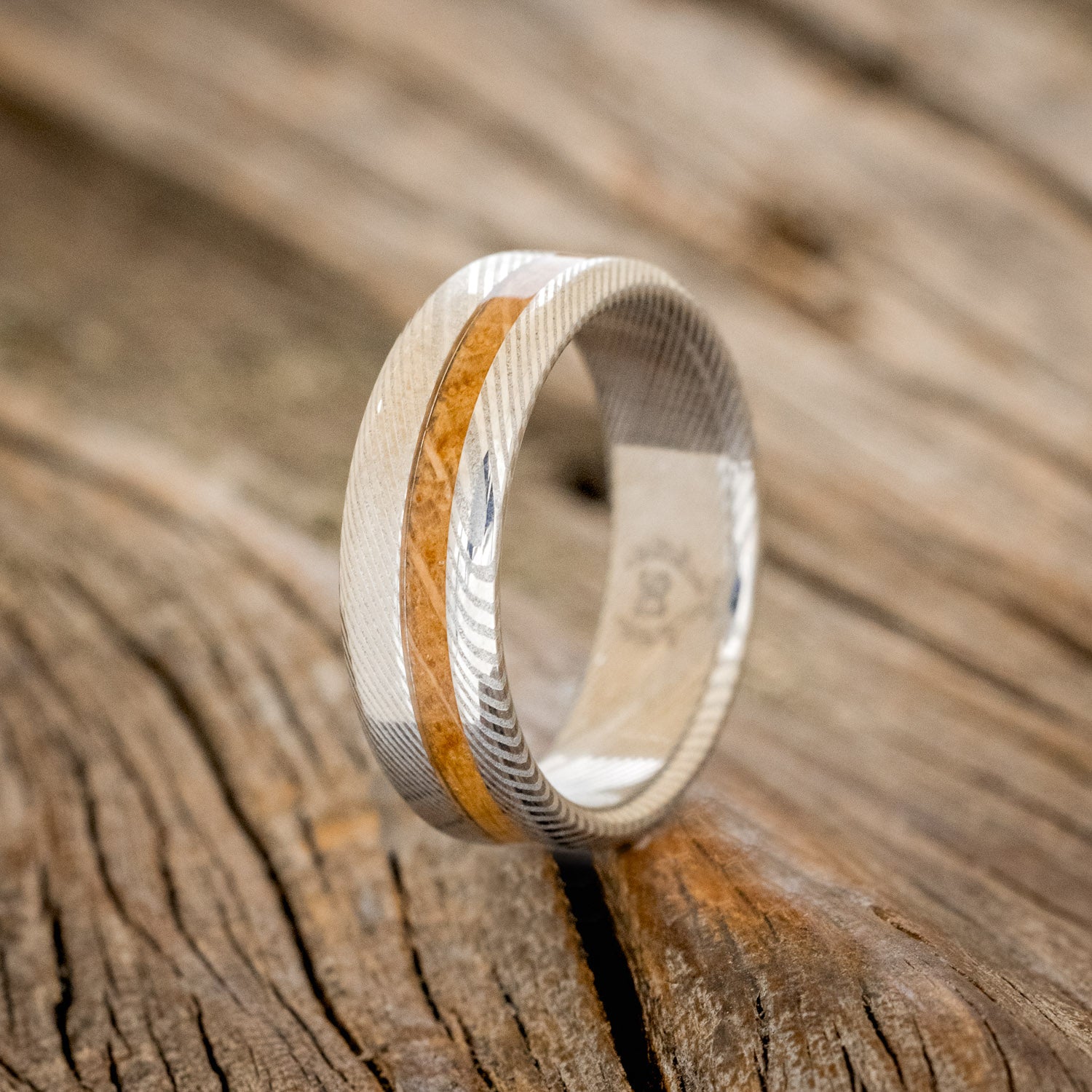"AUSTIN" - MATCHING SET OF ETCHED DAMASCUS STEEL WEDDING BANDS WITH WHISKEY BARREL INLAY-5