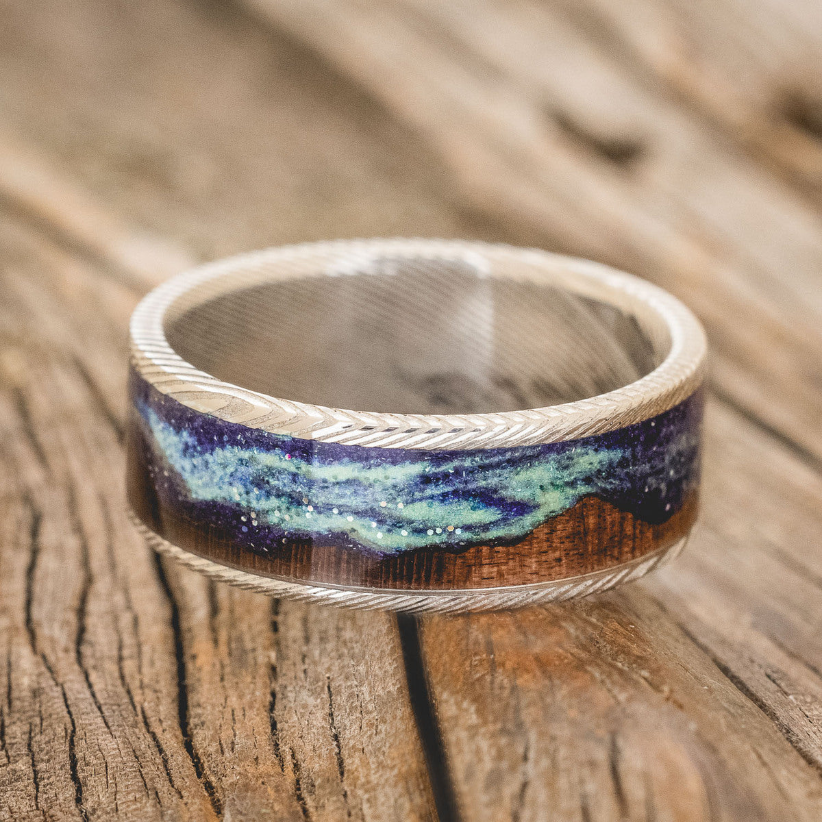 "BOREALIS" - MOUNTAIN ENGRAVED WEDDING RING WITH DARK MAPLE WOOD & GLOW IN THE DARK NORTHERN LIGHTS-8