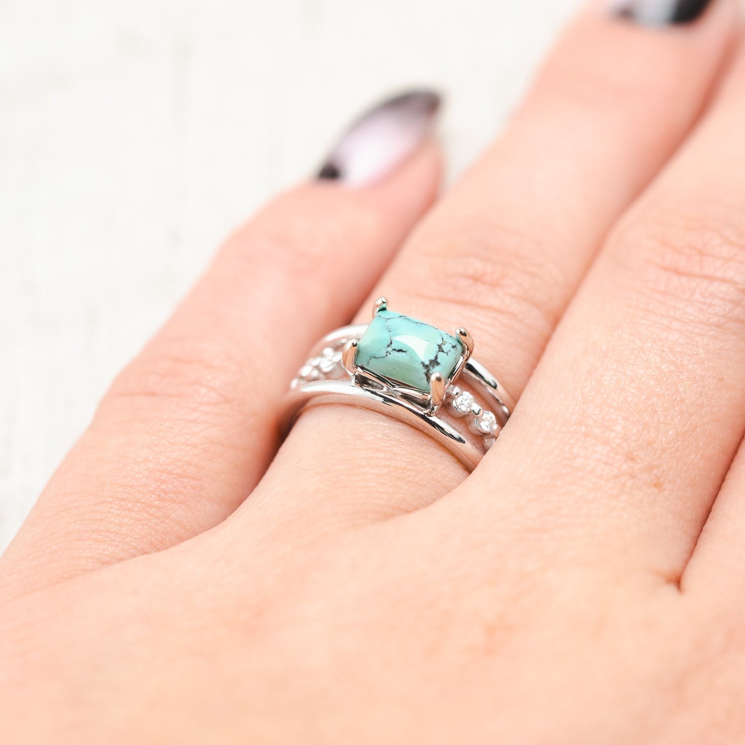 "DOLLY" - EMERALD CUT TURQUOISE ENGAGEMENT RING WITH DIAMOND ACCENTS-18