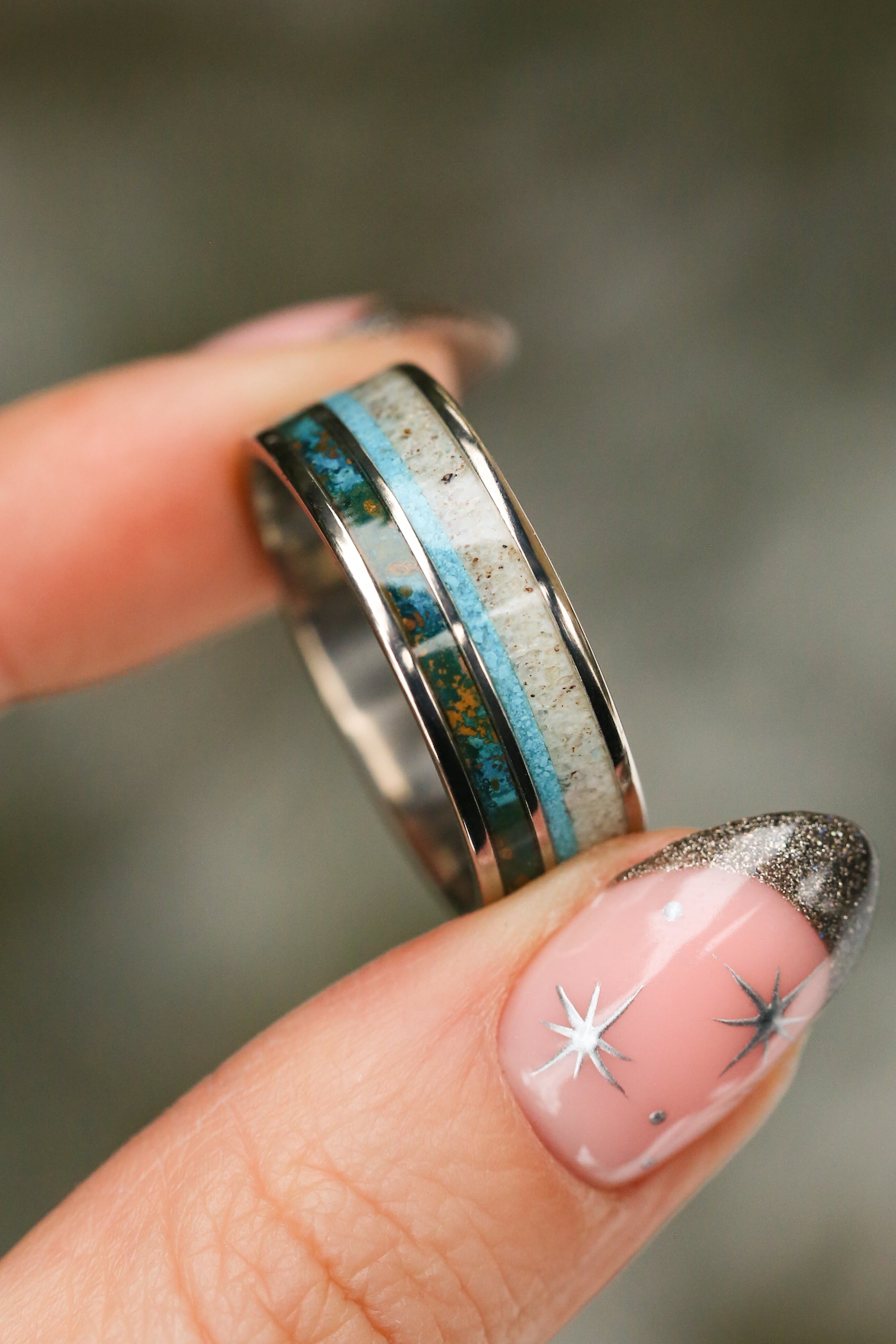 "ELEMENT" - PATINA COPPER, ANTLER & TURQUOISE WEDDING BAND-20