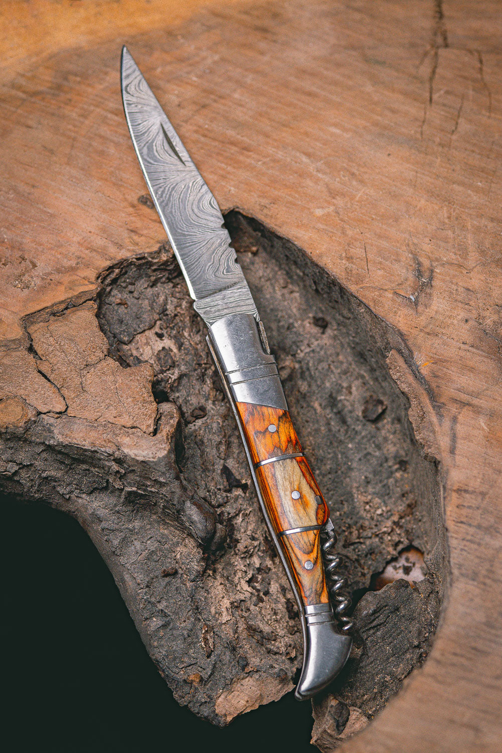 "RHONE RANGERS" - HANDMADE DAMASCUS STEEL FOLDING KNIFE WITH WINE CORKSCREW by Forseti Steel™-2