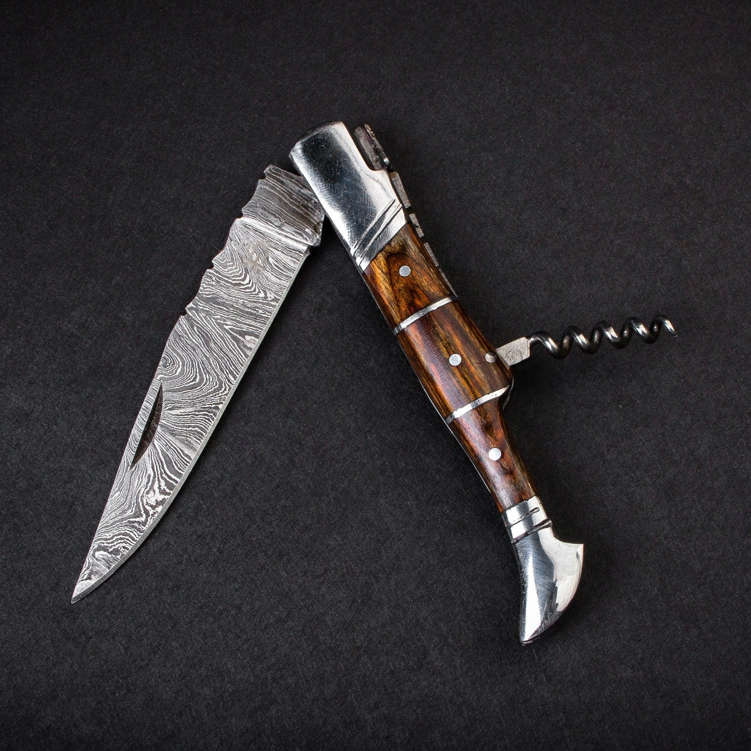 "RHONE RANGERS" - HANDMADE DAMASCUS STEEL FOLDING KNIFE WITH WINE CORKSCREW by Forseti Steel™-12