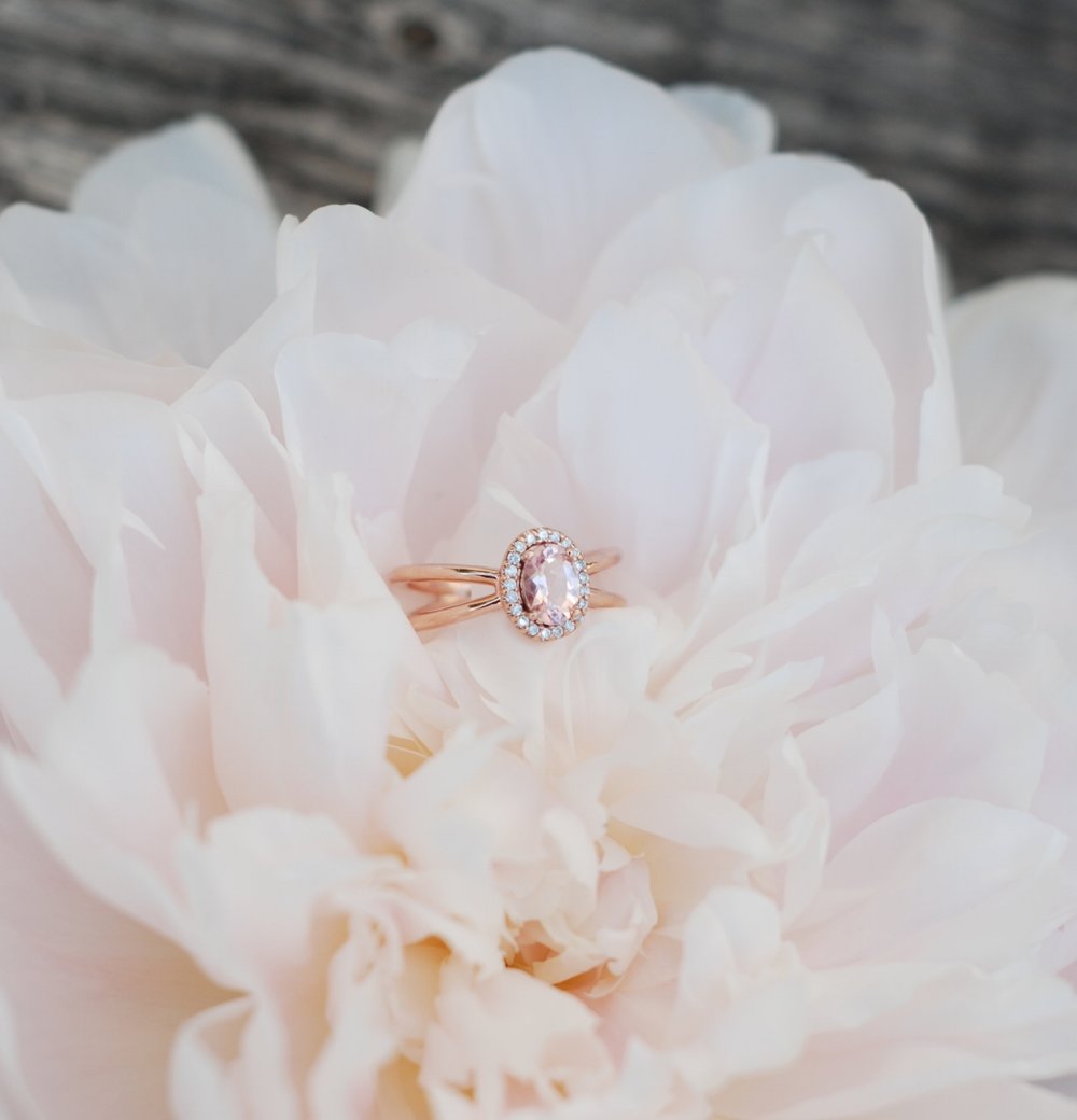 "FRENCHY" - OVAL MORGANITE ENGAGEMENT RING WITH DIAMOND HALO-14