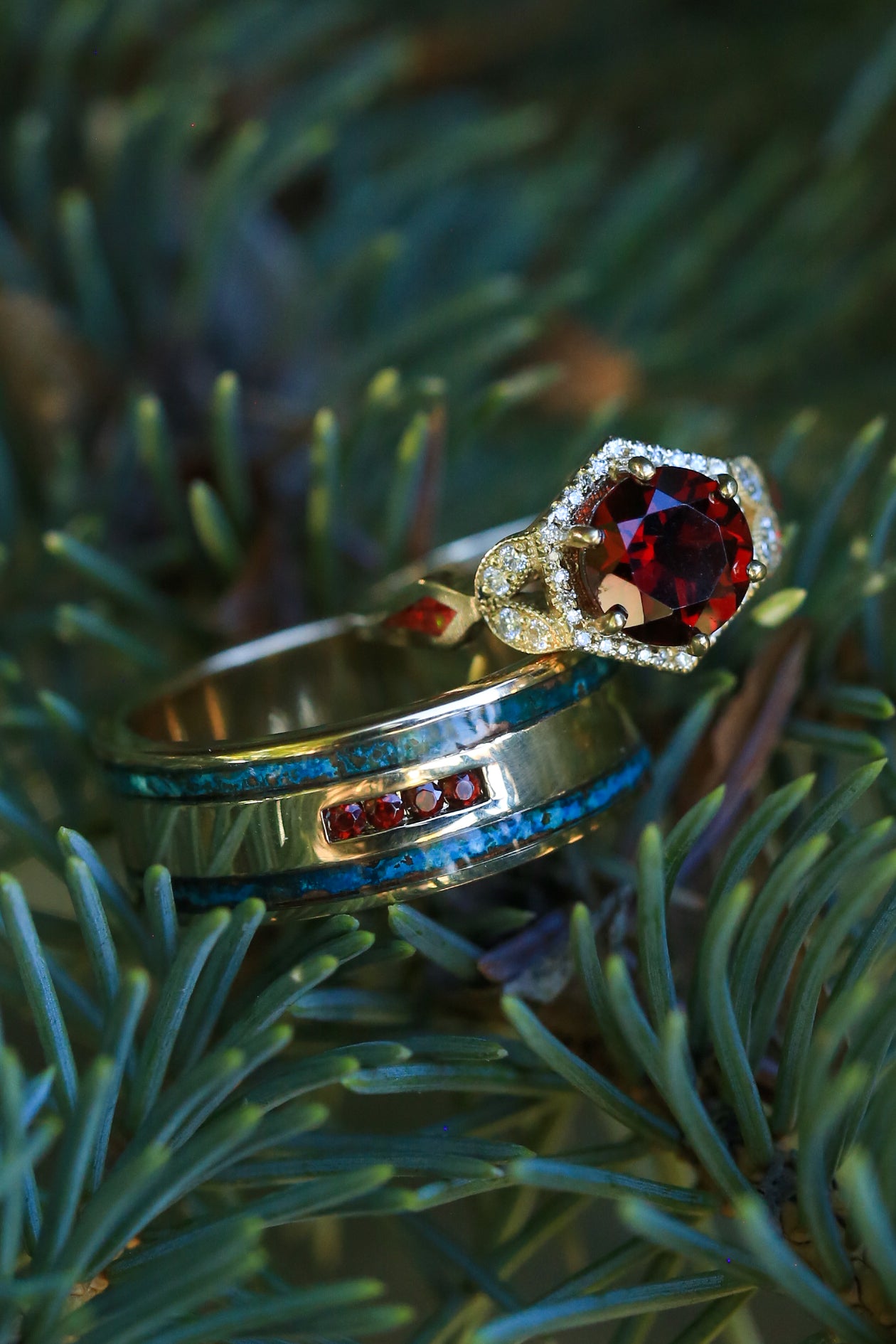 "LUCY IN THE SKY" - ROUND CUT GARNET ENGAGEMENT RING WITH DIAMOND ACCENTS & RED OPAL INLAYS-7