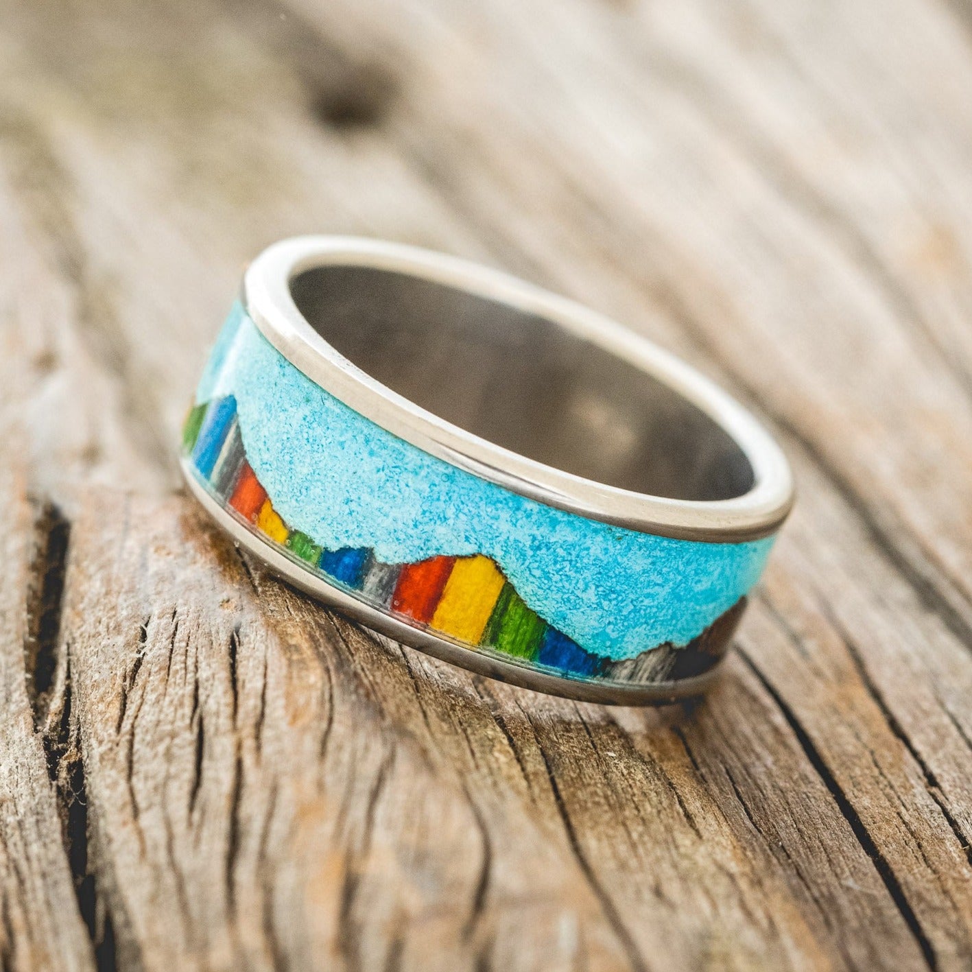 "HELIOS" - TURQUOISE & RAINBOW DYED BIRCH WOOD WEDDING BAND-1