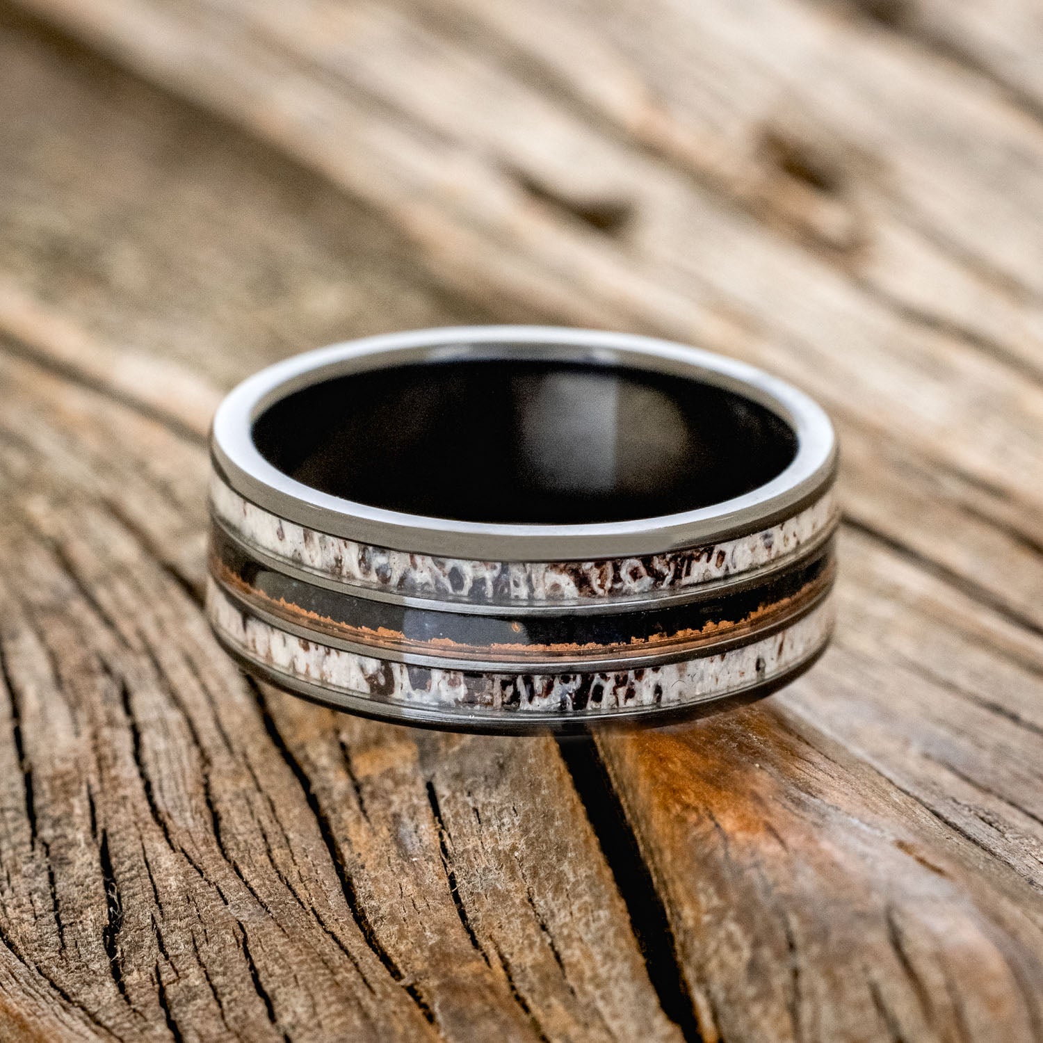 "RIO" - ANTLER & PATINA COPPER INLAYS WEDDING BAND-6