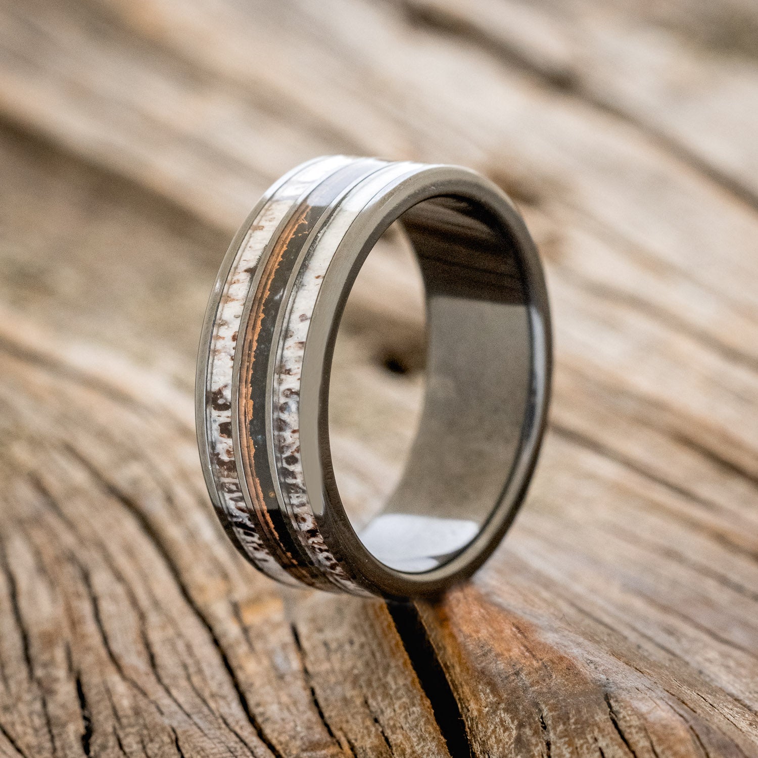 "RIO" - ANTLER & PATINA COPPER INLAYS WEDDING BAND-4