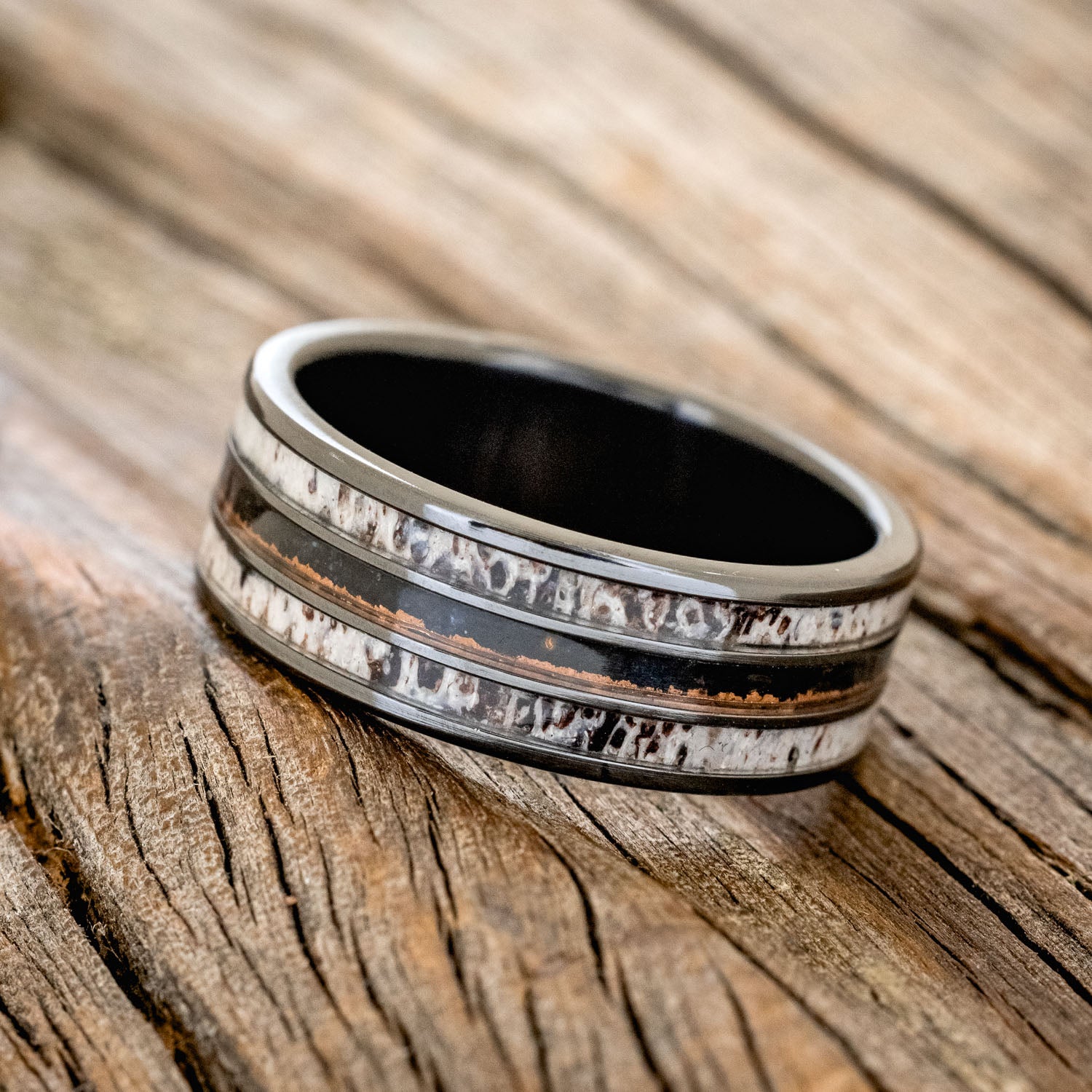 "RIO" - ANTLER & PATINA COPPER INLAYS WEDDING BAND-5