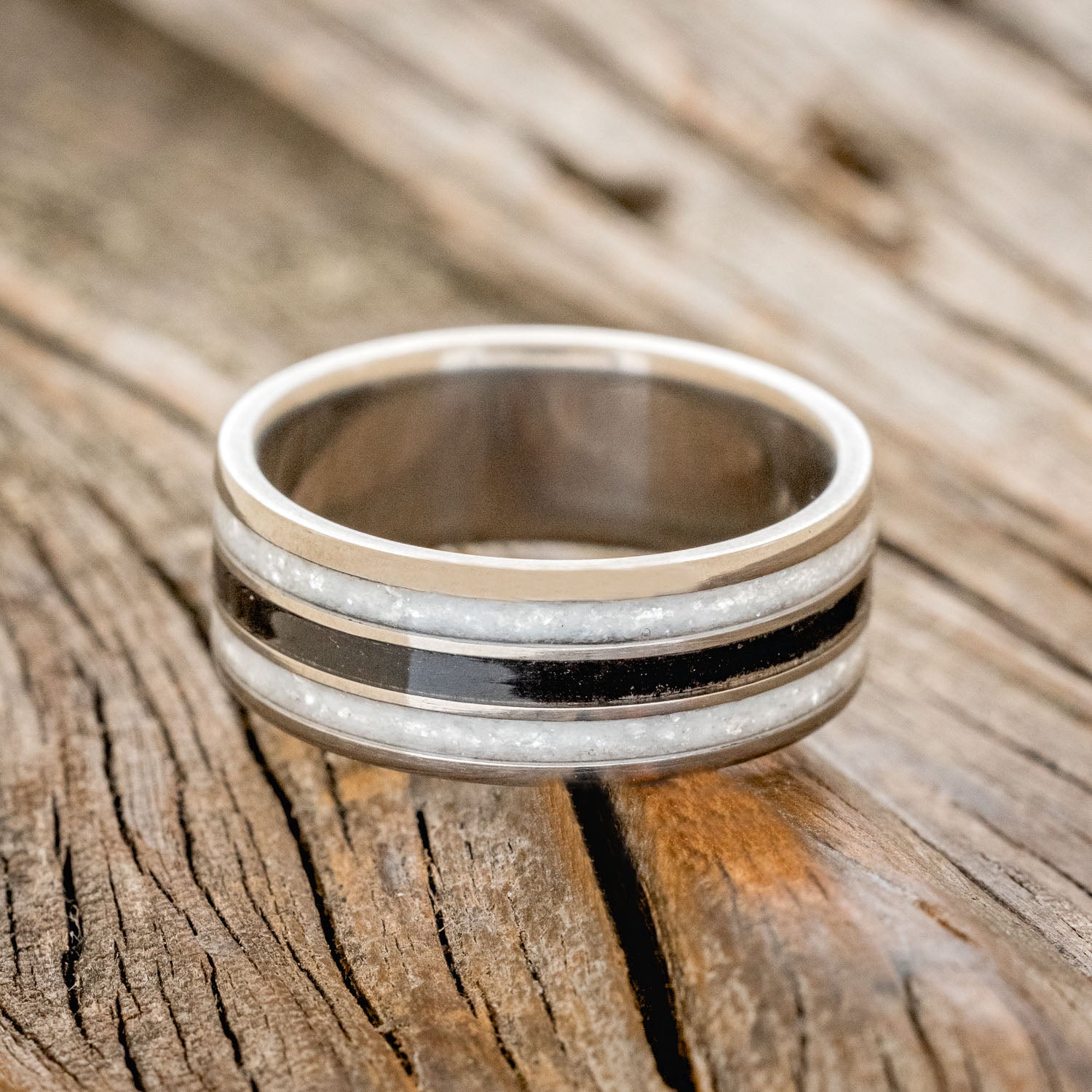 "RIO" - DIAMOND DUST & CHARRED WHISKEY BARREL WEDDING RING-3
