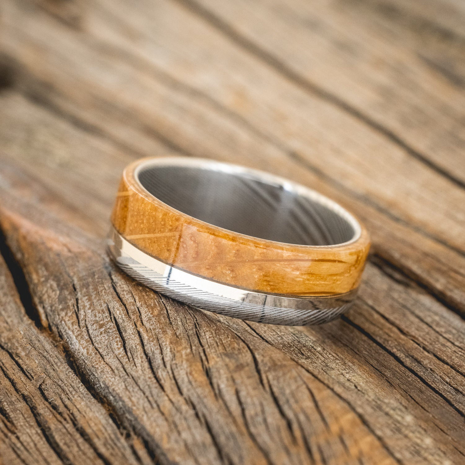 "EZRA" - WHISKEY BARREL OAK & 14K WHITE GOLD INLAY WEDDING RING-2