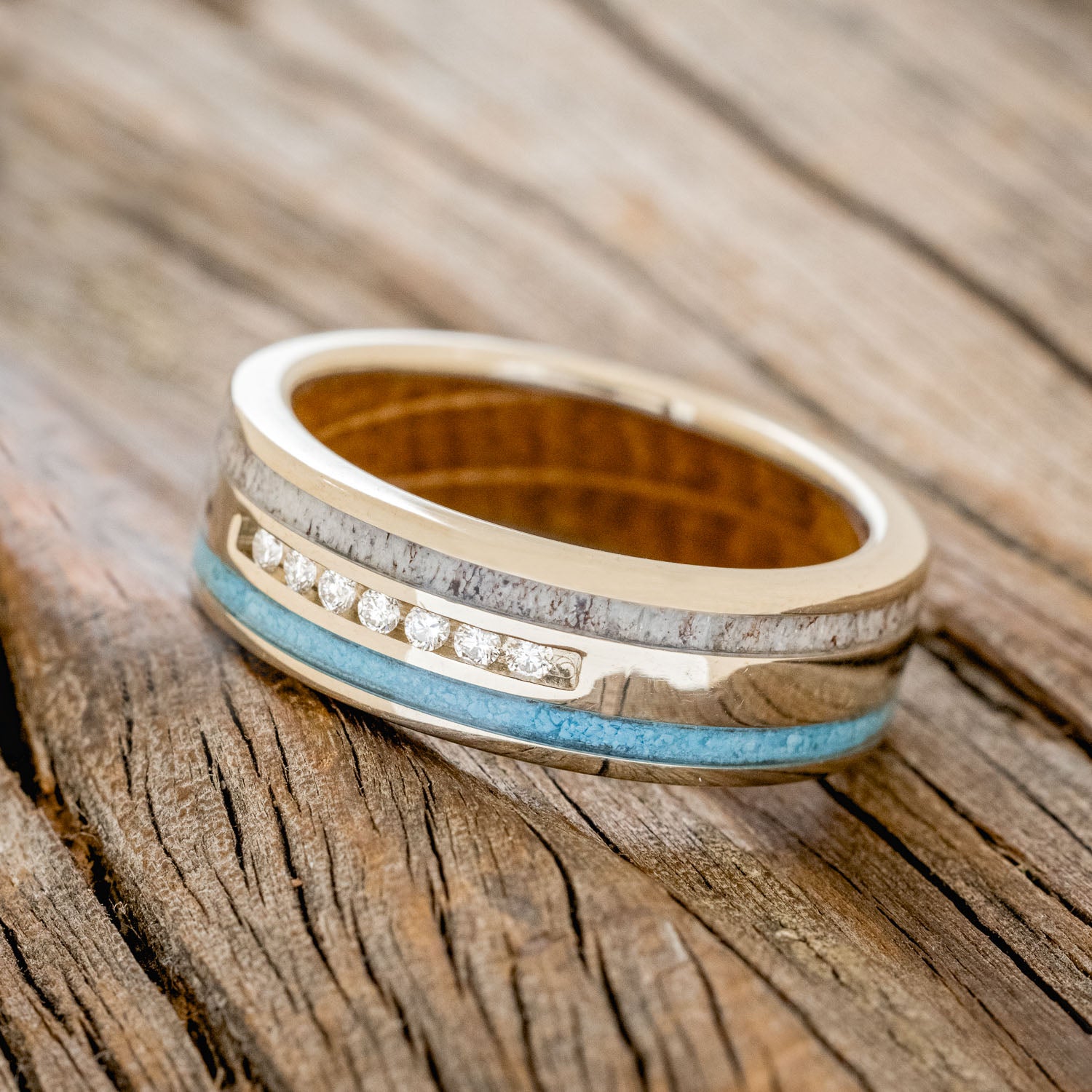 "RYDER" - DIAMONDS, ANTLER & TURQUOISE INLAYS WEDDING BAND WITH WHISKEY BARREL LINING-2