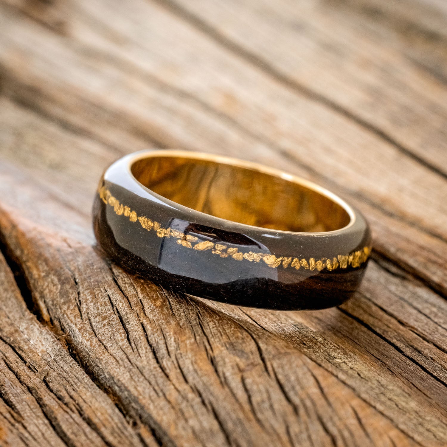 "REMMY" - AFRICAN BLACK WOOD & GOLD NUGGETS WEDDING BAND-8