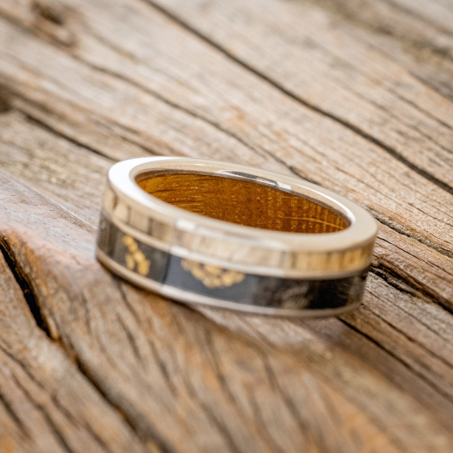 "RAPTOR" - WHISKEY BARREL LINED WEDDING RING WITH GOLD NUGGETS IN BUCKEYE BURL WOOD & A SPALTED MAPLE INLAY-5