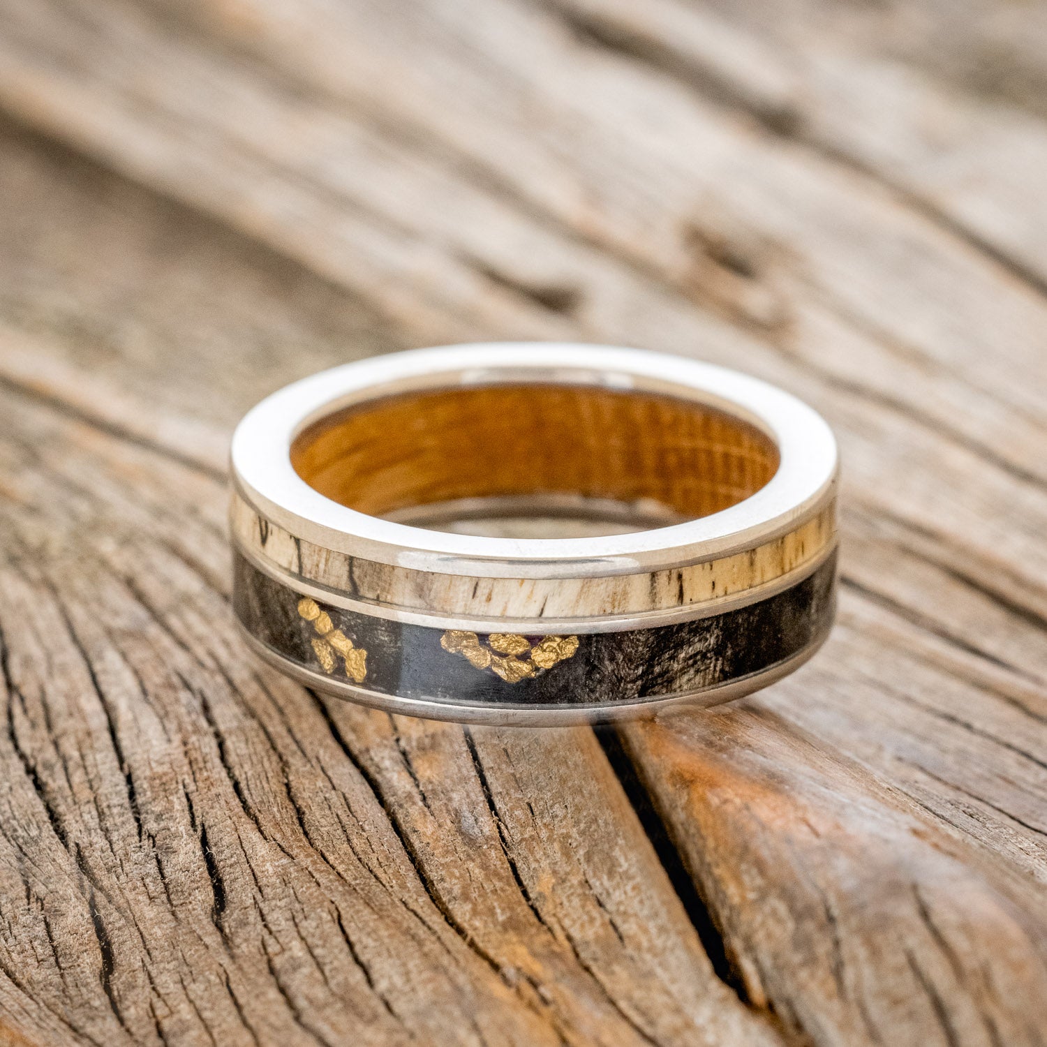 "RAPTOR" - WHISKEY BARREL LINED WEDDING RING WITH GOLD NUGGETS IN BUCKEYE BURL WOOD & A SPALTED MAPLE INLAY-3