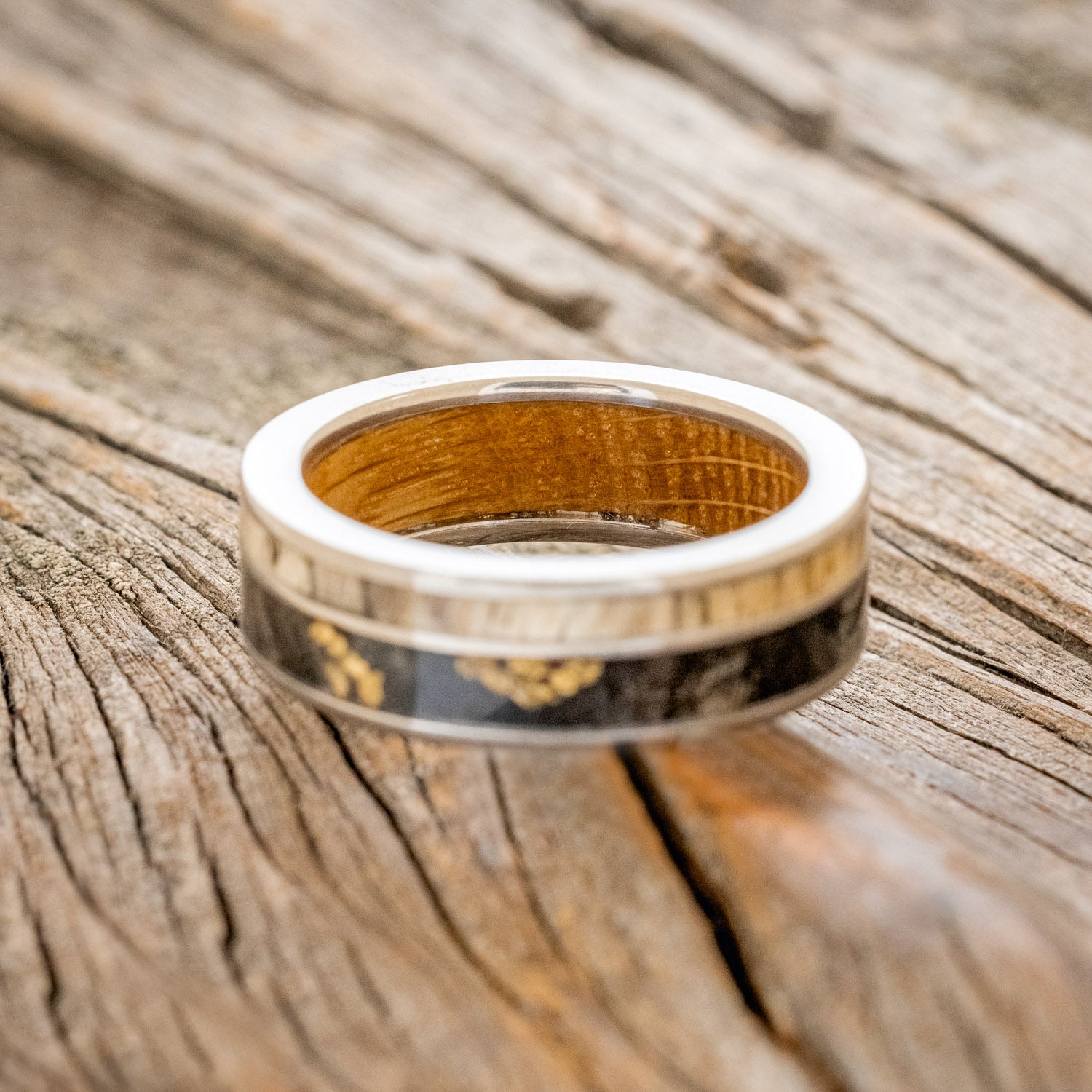 "RAPTOR" - WHISKEY BARREL LINED WEDDING RING WITH GOLD NUGGETS IN BUCKEYE BURL WOOD & A SPALTED MAPLE INLAY-6