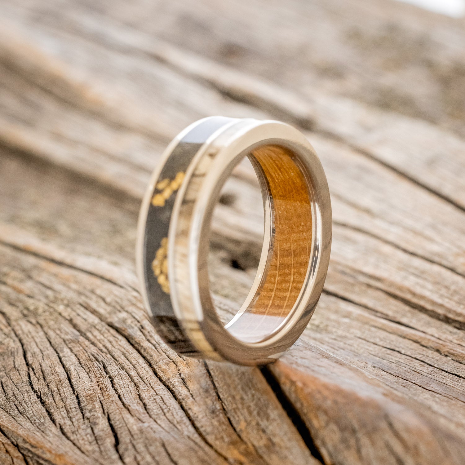 "RAPTOR" - WHISKEY BARREL LINED WEDDING RING WITH GOLD NUGGETS IN BUCKEYE BURL WOOD & A SPALTED MAPLE INLAY-4