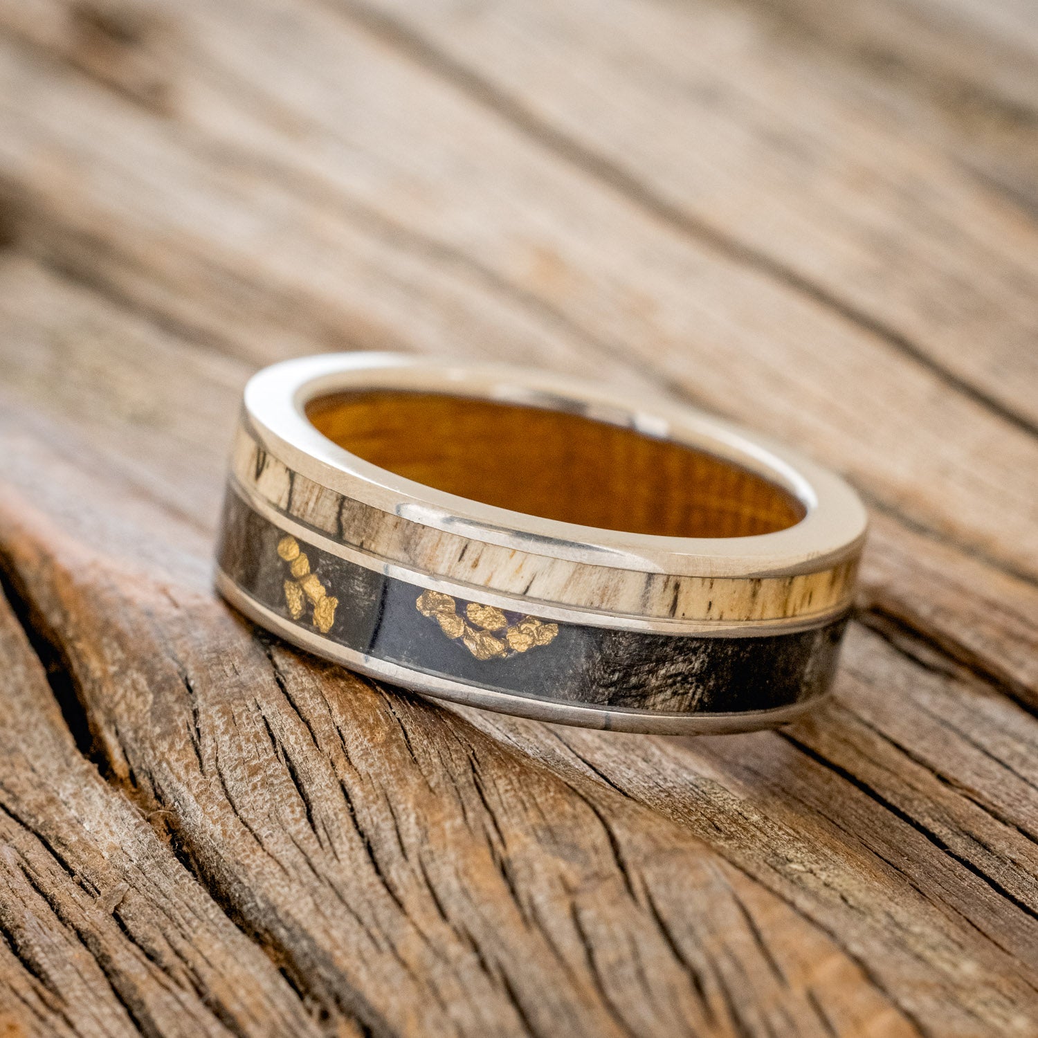 "RAPTOR" - WHISKEY BARREL LINED WEDDING RING WITH GOLD NUGGETS IN BUCKEYE BURL WOOD & A SPALTED MAPLE INLAY-2