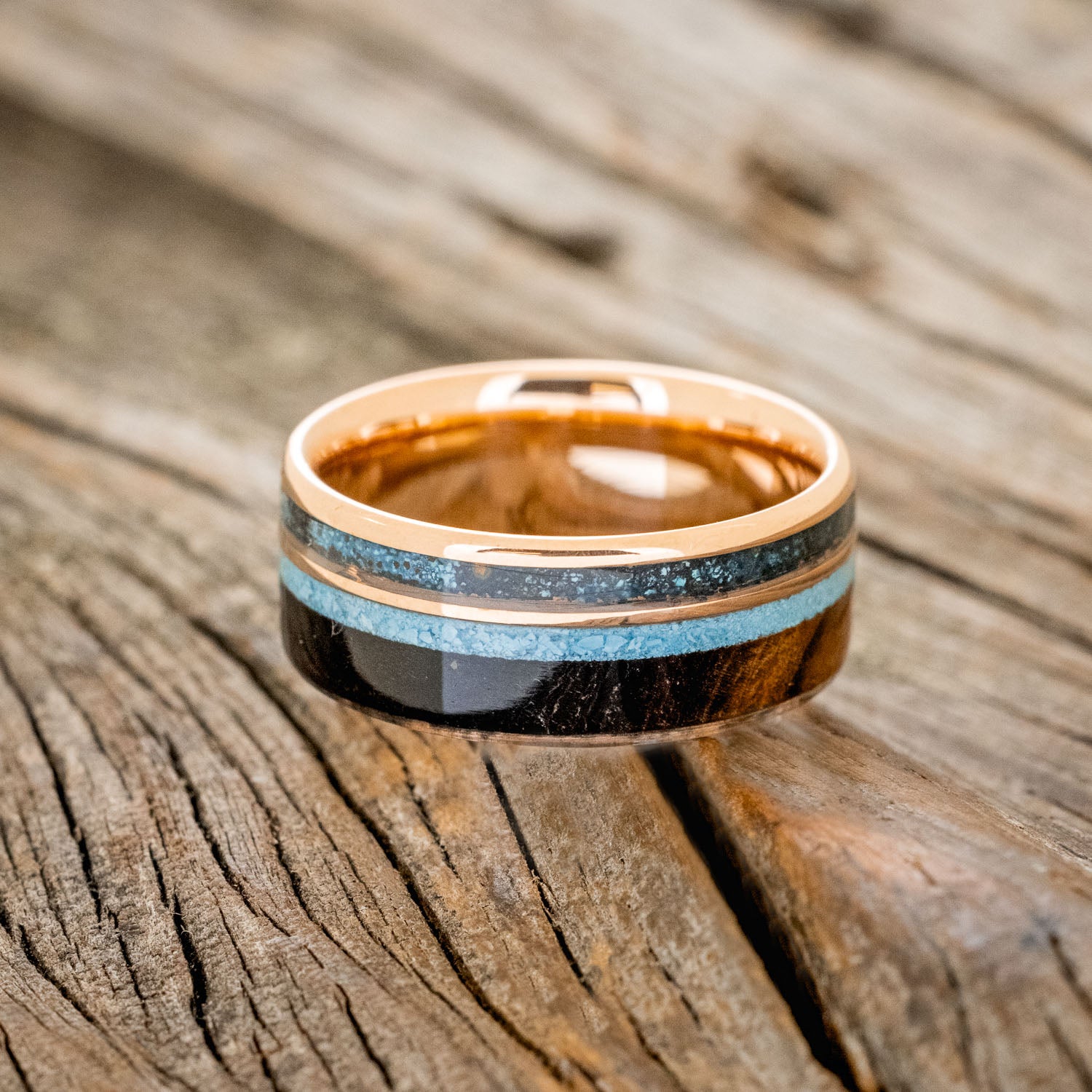 "ELEMENT" - IRONWOOD, PATINA COPPER & TURQUOISE WEDDING BAND-13