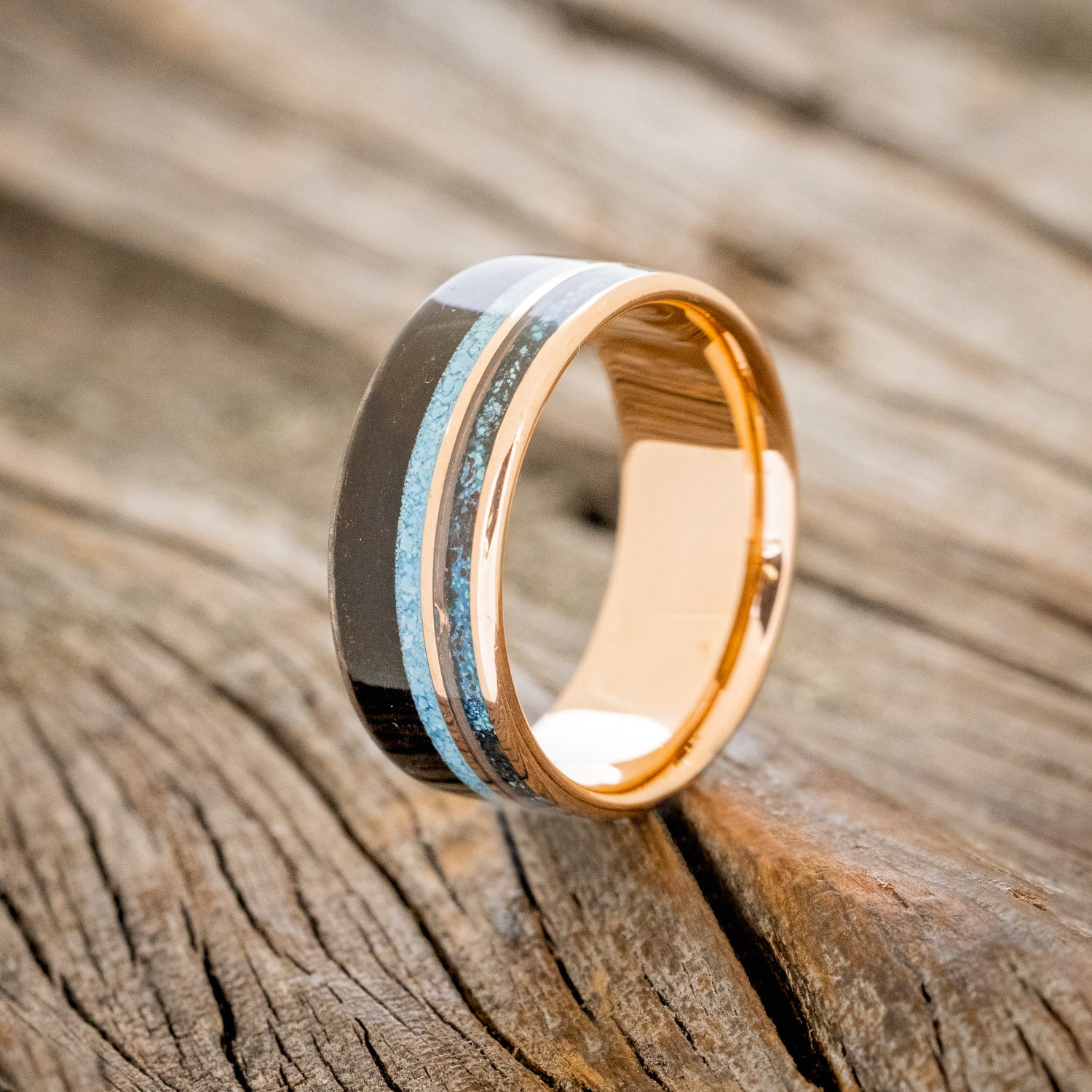 "ELEMENT" - IRONWOOD, PATINA COPPER & TURQUOISE WEDDING BAND-11