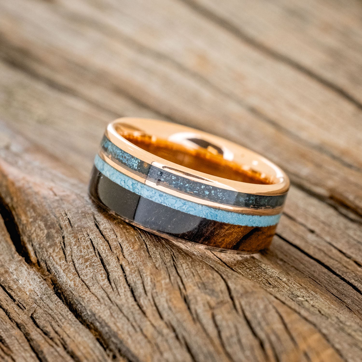 "ELEMENT" - IRONWOOD, PATINA COPPER & TURQUOISE WEDDING BAND-12
