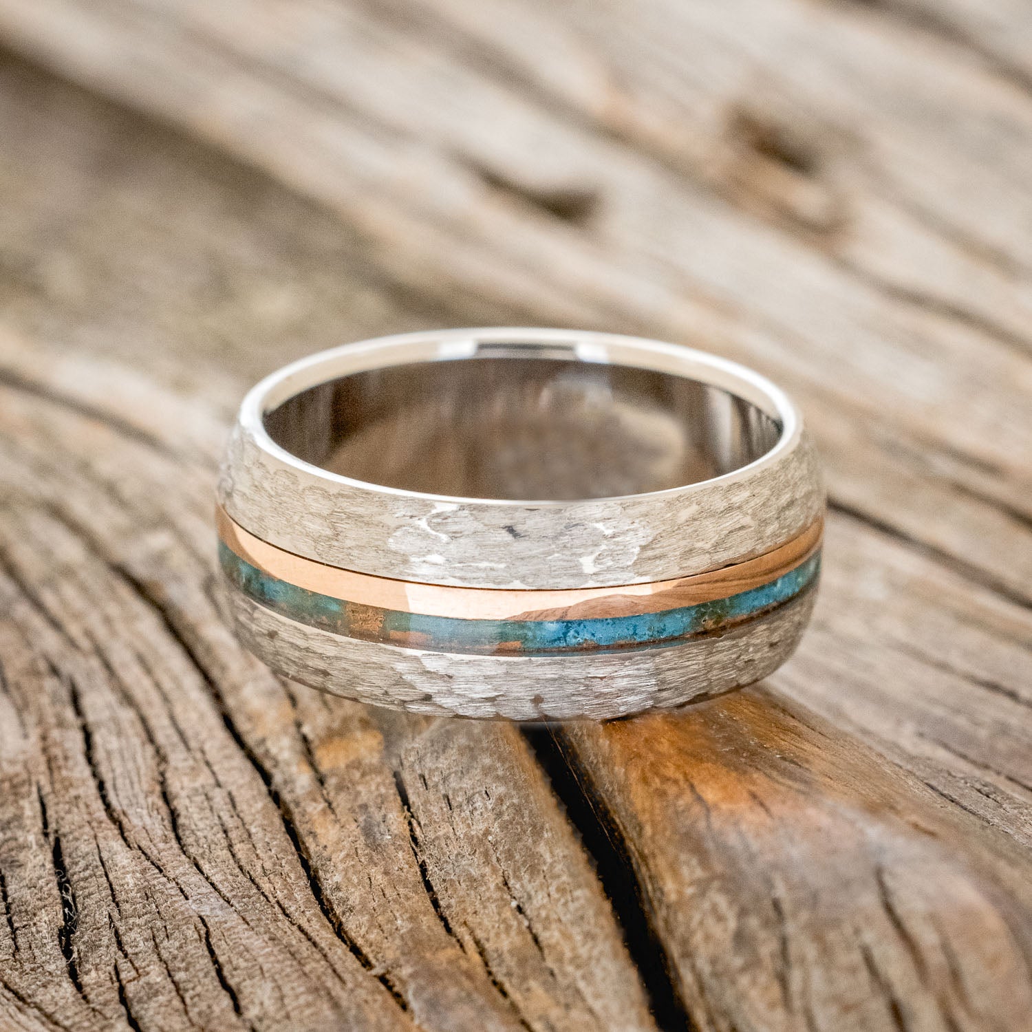 "TANNER" - DOMED PATINA COPPER WEDDING RING FEATURING A 14K GOLD INLAY WITH A HAMMERED FINISH-3