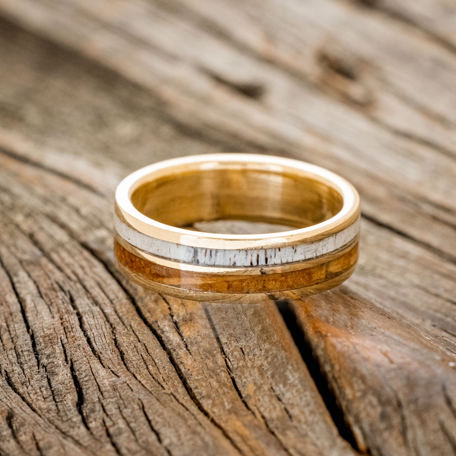 "DYAD" - WHISKEY BARREL OAK & ANTLER WEDDING RING FEATURING A 14K GOLD BAND-6