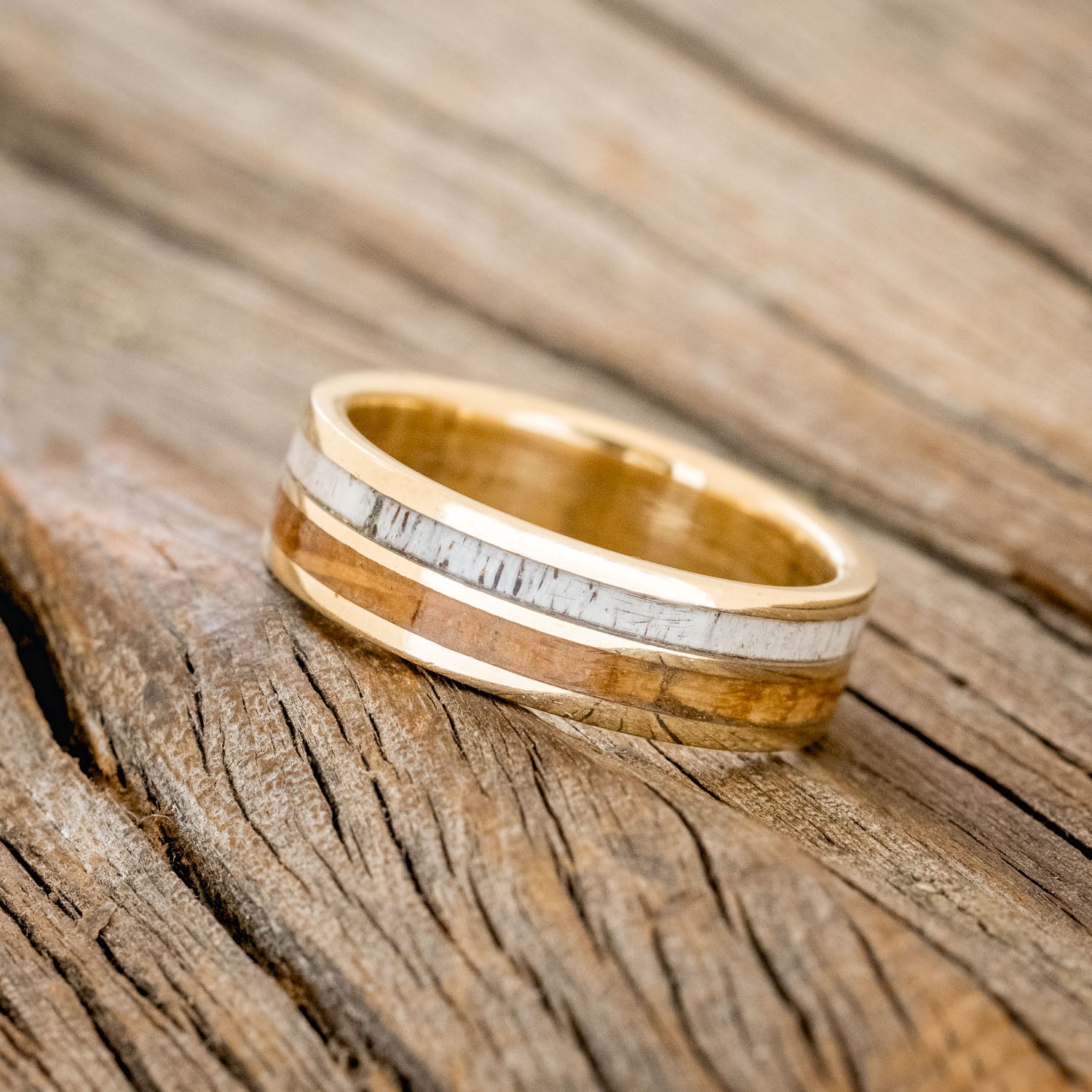 "DYAD" - WHISKEY BARREL OAK & ANTLER WEDDING RING FEATURING A 14K GOLD BAND-5