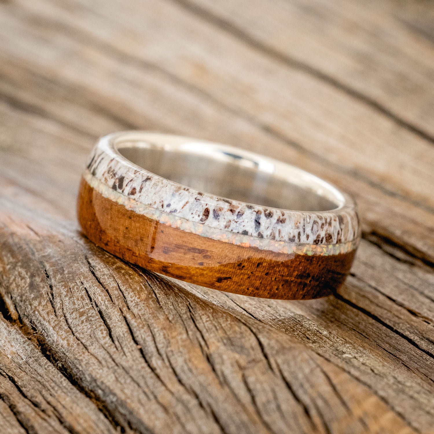 "REMMY" - IRONWOOD, ANTLER & FIRE & ICE OPAL WEDDING RING-5