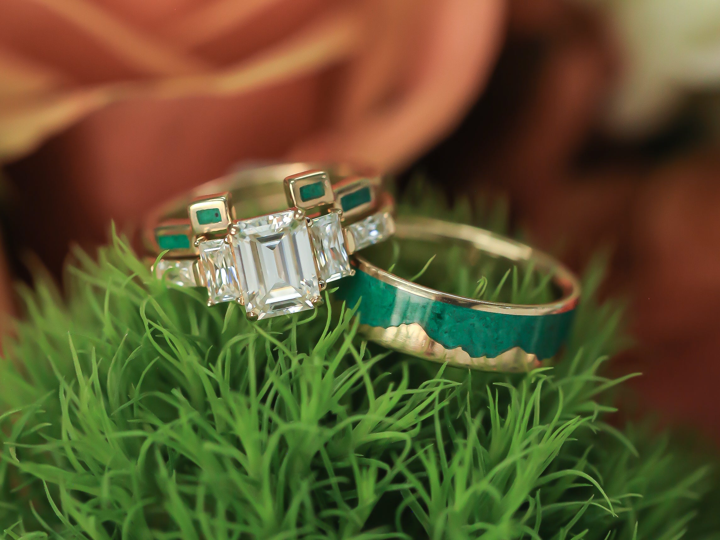 "GRETA" - EMERALD CUT MOISSANITE ENGAGEMENT RING WITH MALACHITE STACKING BAND-20