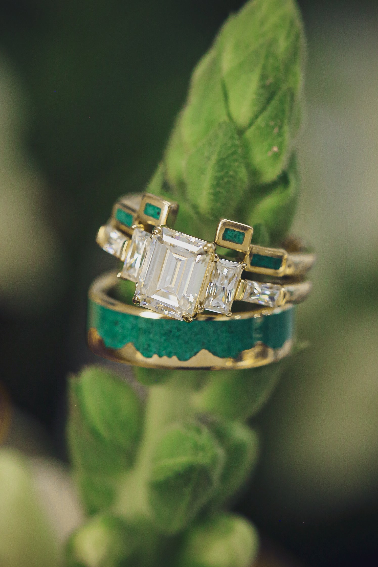 "GRETA" - EMERALD CUT MOISSANITE ENGAGEMENT RING WITH MALACHITE STACKING BAND-19