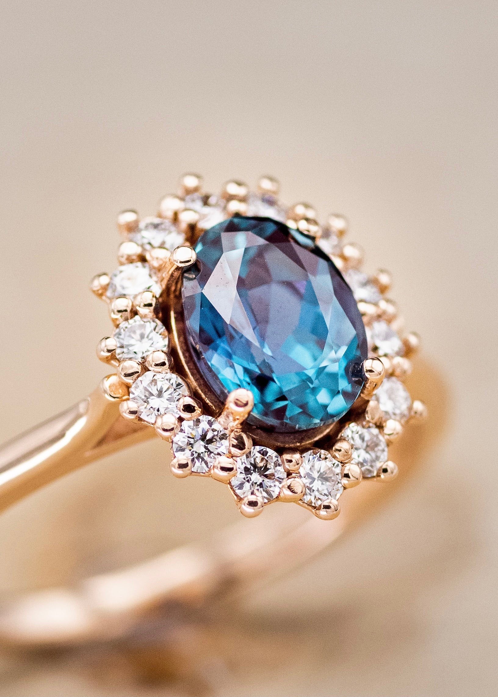 "MALINA" - OVAL LAB-GROWN ALEXANDRITE ENGAGEMENT RING WITH DIAMOND HALO-7