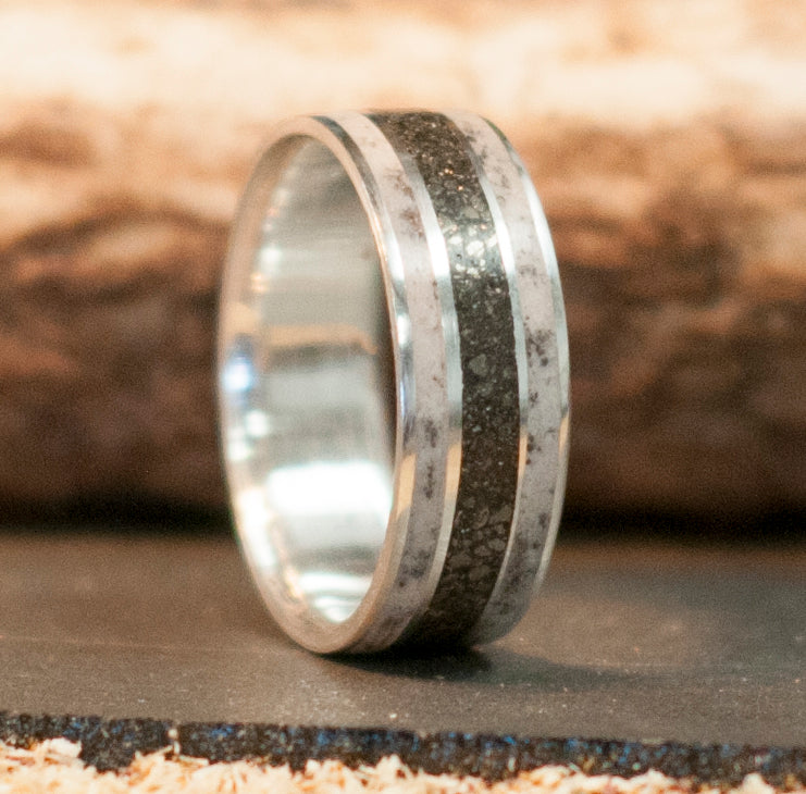 "RIO" - SILVER RING WITH ANTLER & IRON ORE INLAYS (available in silver, black zirconium, damascus steel & 14K white, rose, or yellow gold) - Staghead Designs - Antler Rings By Staghead Designs