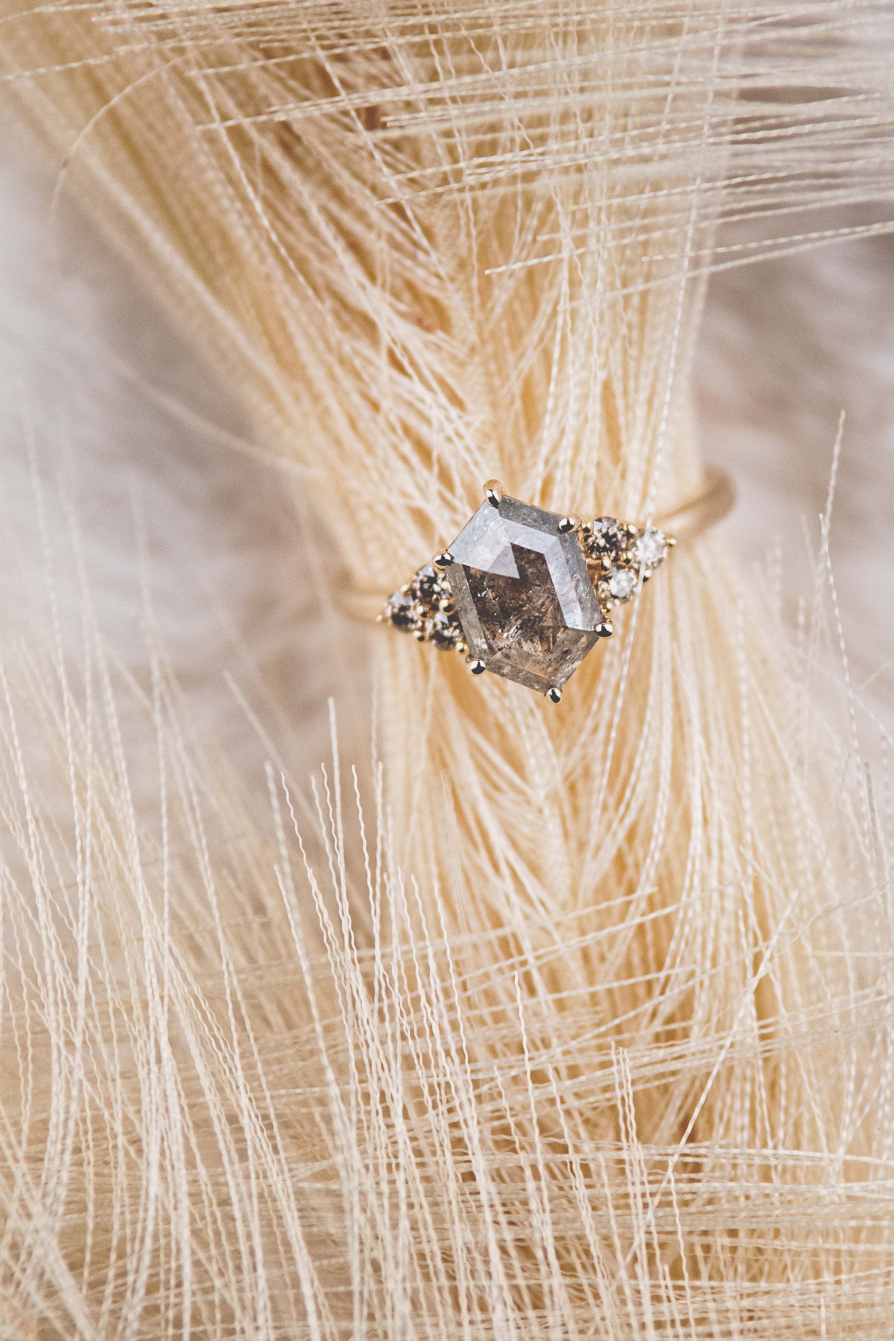 "OCTAVIA" - ELONGATED HEXAGON SALT & PEPPER DIAMOND ENGAGEMENT RING SET & TRACER-32