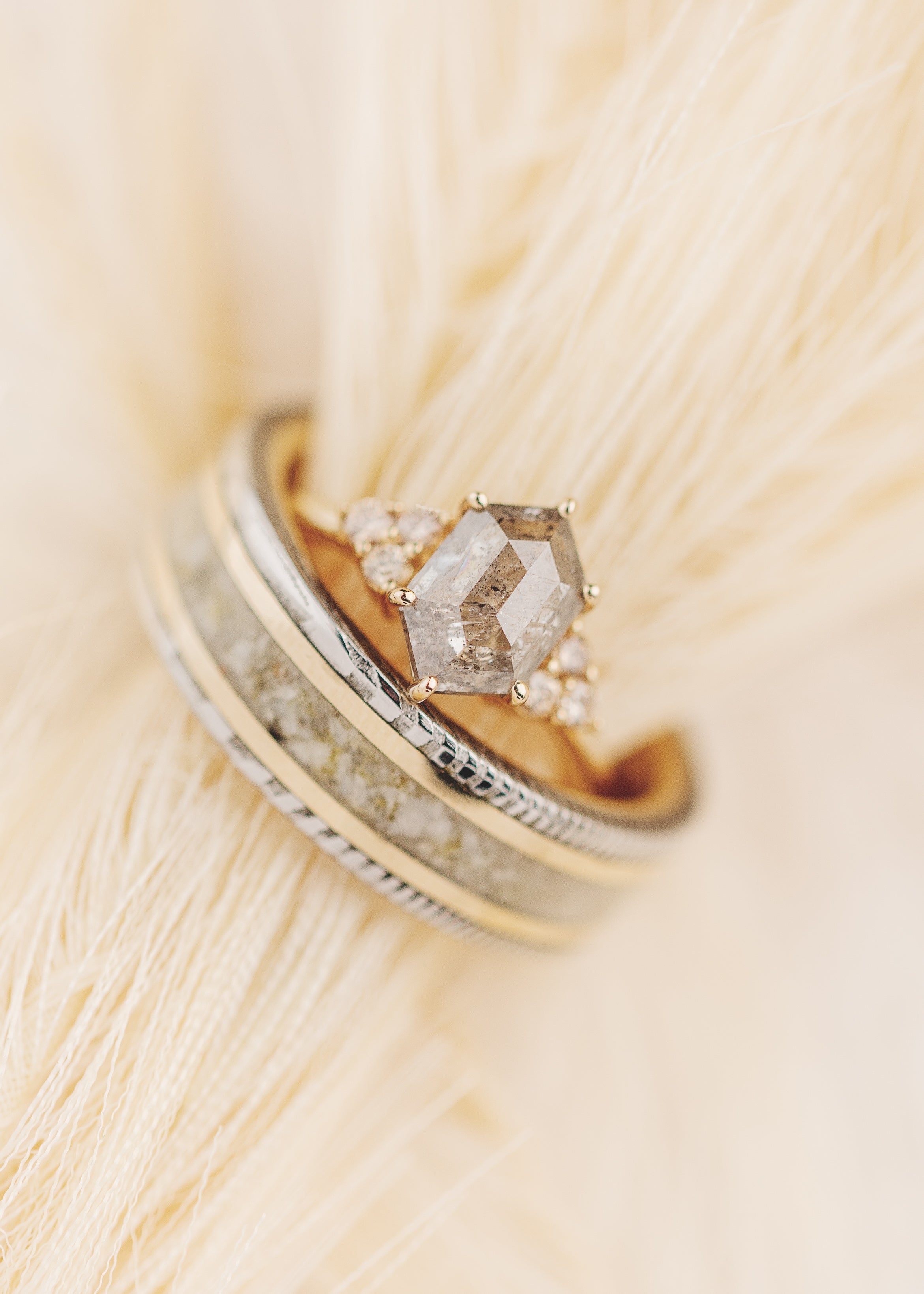 "OCTAVIA" - ELONGATED HEXAGON SALT & PEPPER DIAMOND ENGAGEMENT RING SET & TRACER-35