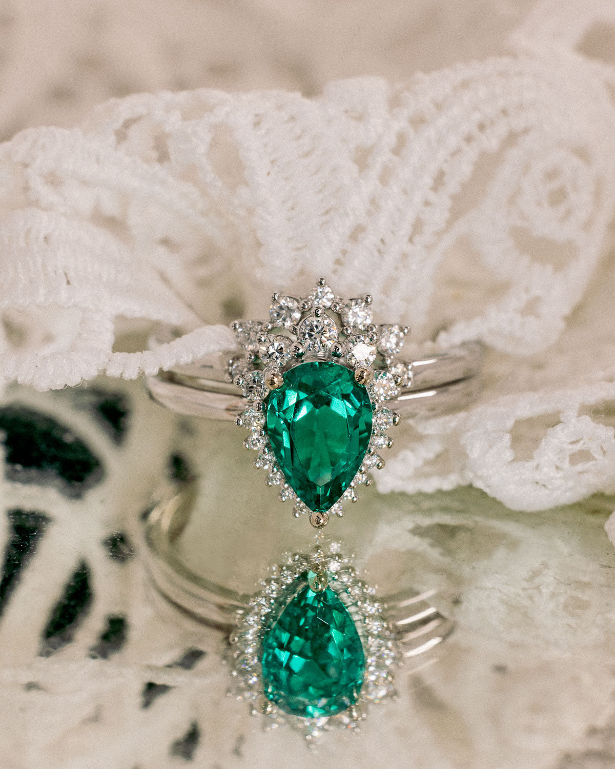 "LAVERNA" - PEAR-SHAPED LAB-GROWN EMERALD ENGAGEMENT RING WITH DIAMOND HALO-30