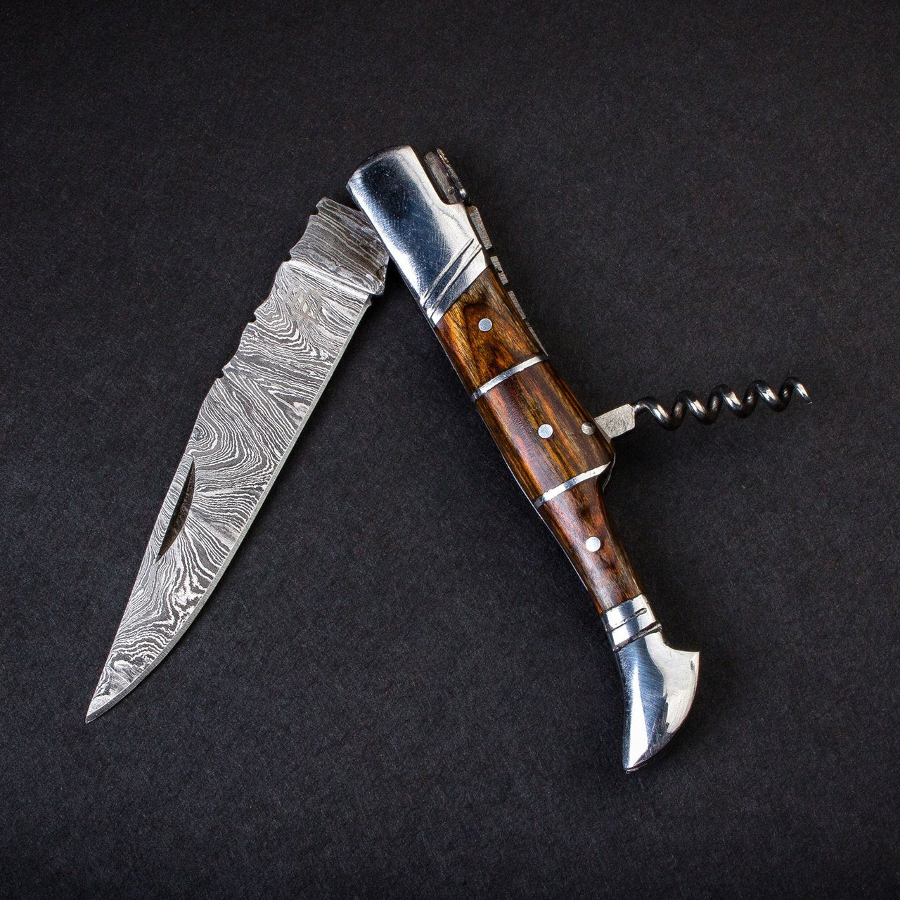"RHONE RANGERS" - HANDMADE DAMASCUS STEEL FOLDING KNIFE WITH WINE CORKSCREW by Forseti Steel™-18