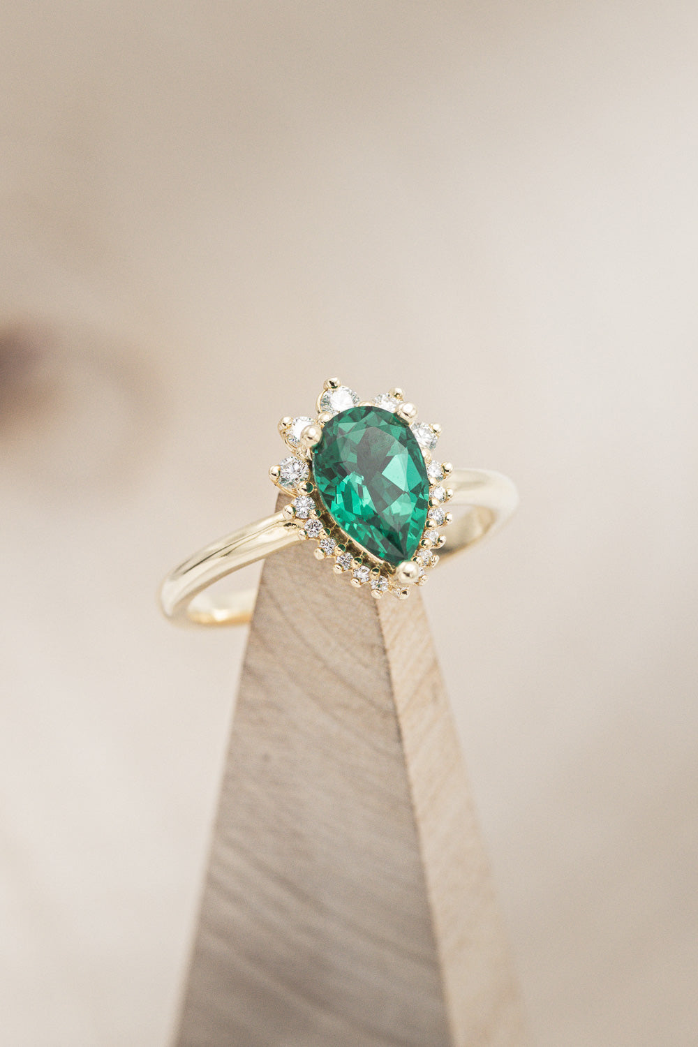 "LAVERNA" - PEAR-SHAPED LAB-GROWN EMERALD ENGAGEMENT RING WITH DIAMOND HALO-18