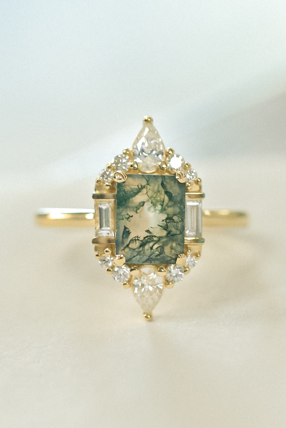 "NEFERTITI" - EMERALD-CUT MOSS AGATE ENGAGEMENT RING WITH DIAMOND ACCENTS-7