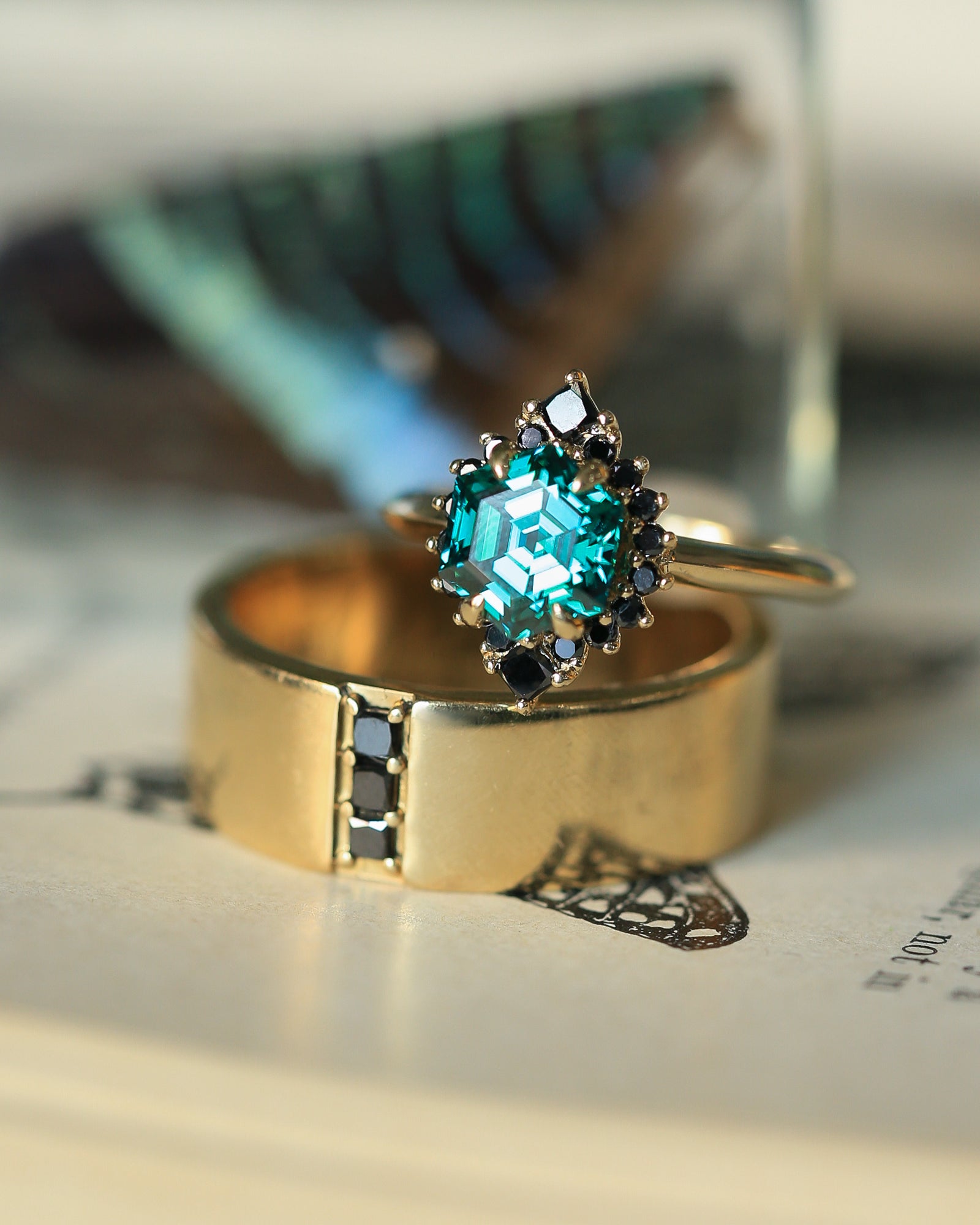 "NEREZZA" - HEXAGON CUT GREEN MOISSANITE ENGAGEMENT RING WITH A BLACK DIAMOND HALO-13