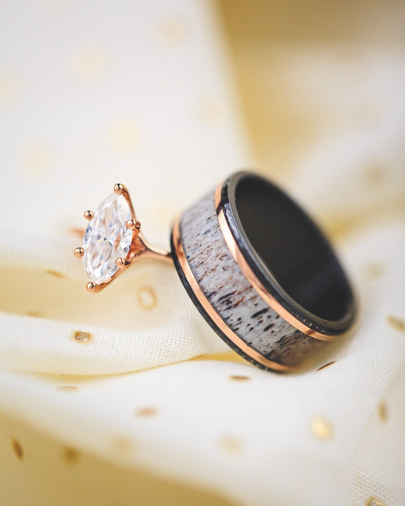 "HOLLIS" - ANTLER & 14K GOLD INLAYS WEDDING RING WITH A HAMMERED FINISH-11