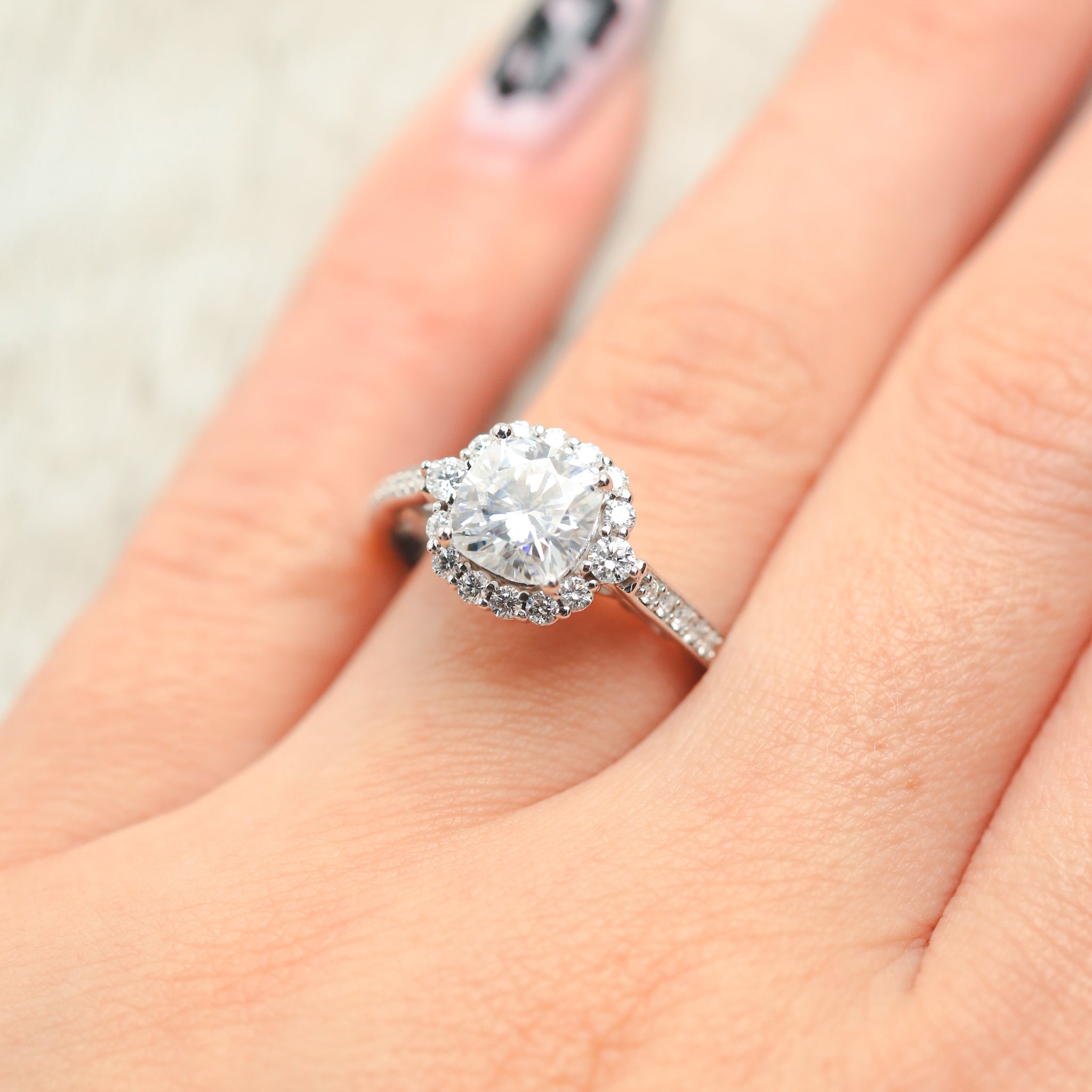 "OPHELIA" - CUSHION CUT MOISSANITE ENGAGEMENT RING WITH DIAMOND HALO & ACCENTS-13