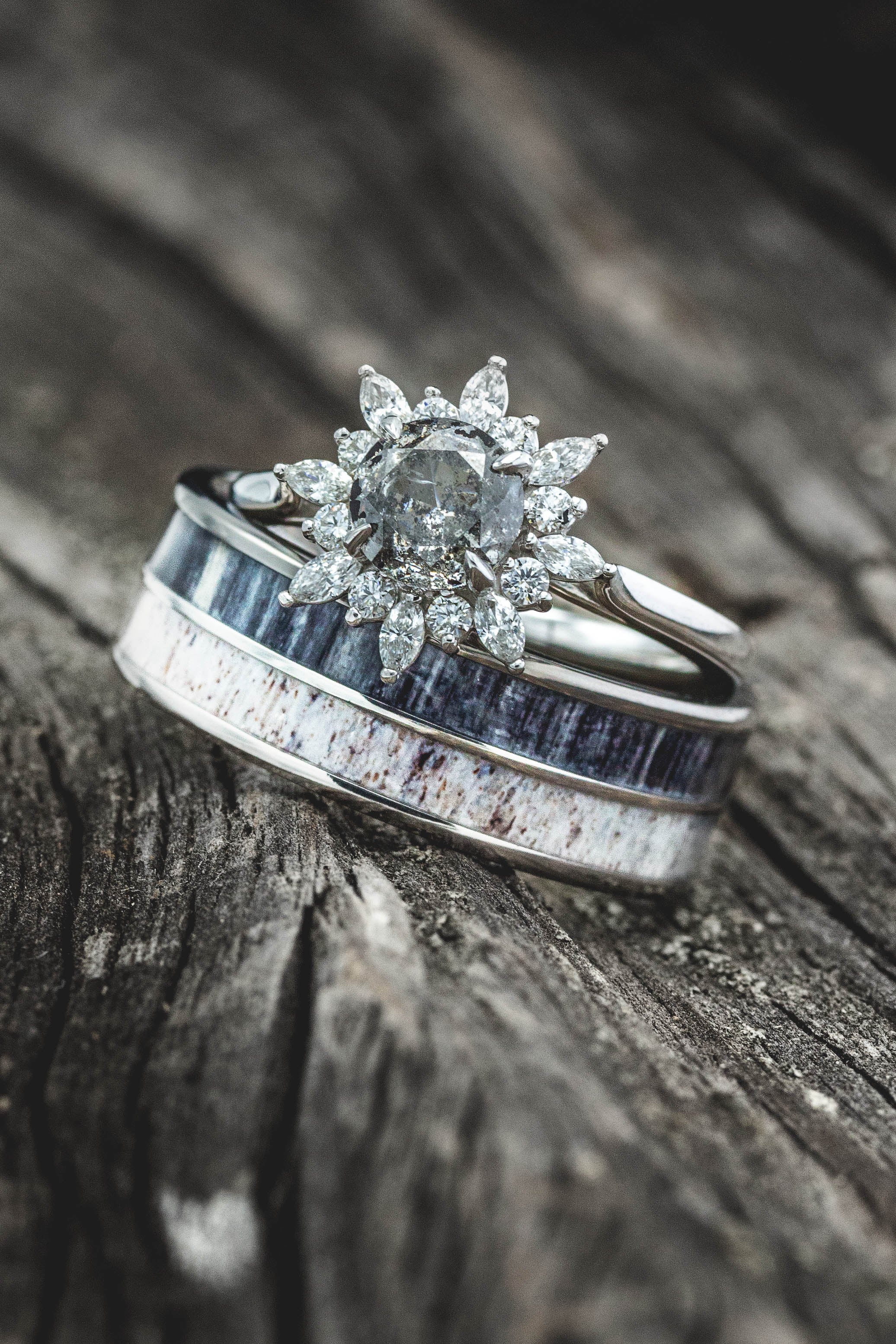 "DYAD" - GREY BIRCH WOOD & ANTLER WEDDING BAND-16