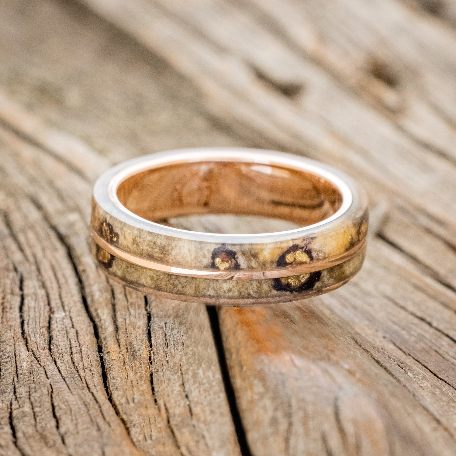 "GOLDEN" - BUCKEYE BURL WOOD & ALASKAN PANNED GOLD NUGGETS WEDDING RING-3