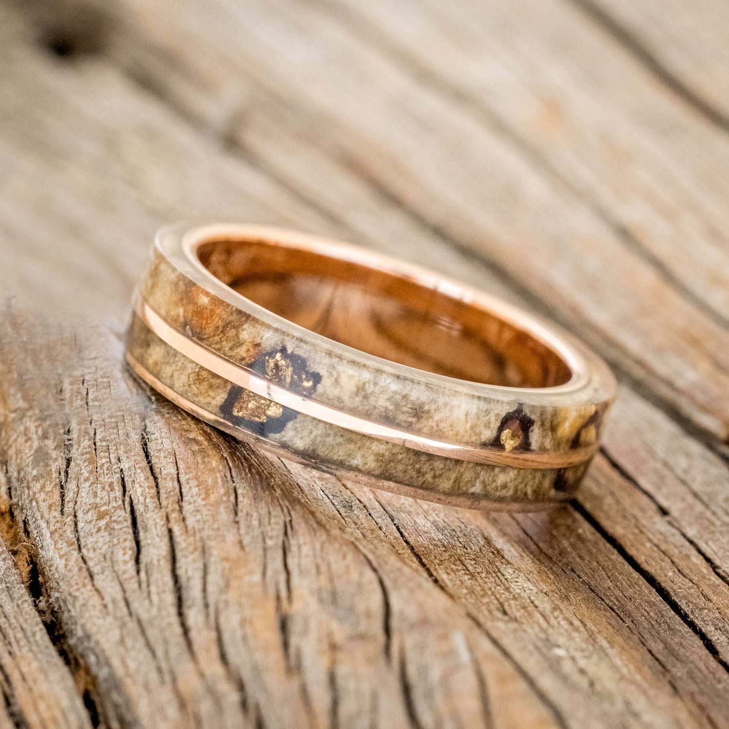 "GOLDEN" - BUCKEYE BURL WOOD & ALASKAN PANNED GOLD NUGGETS WEDDING RING-2