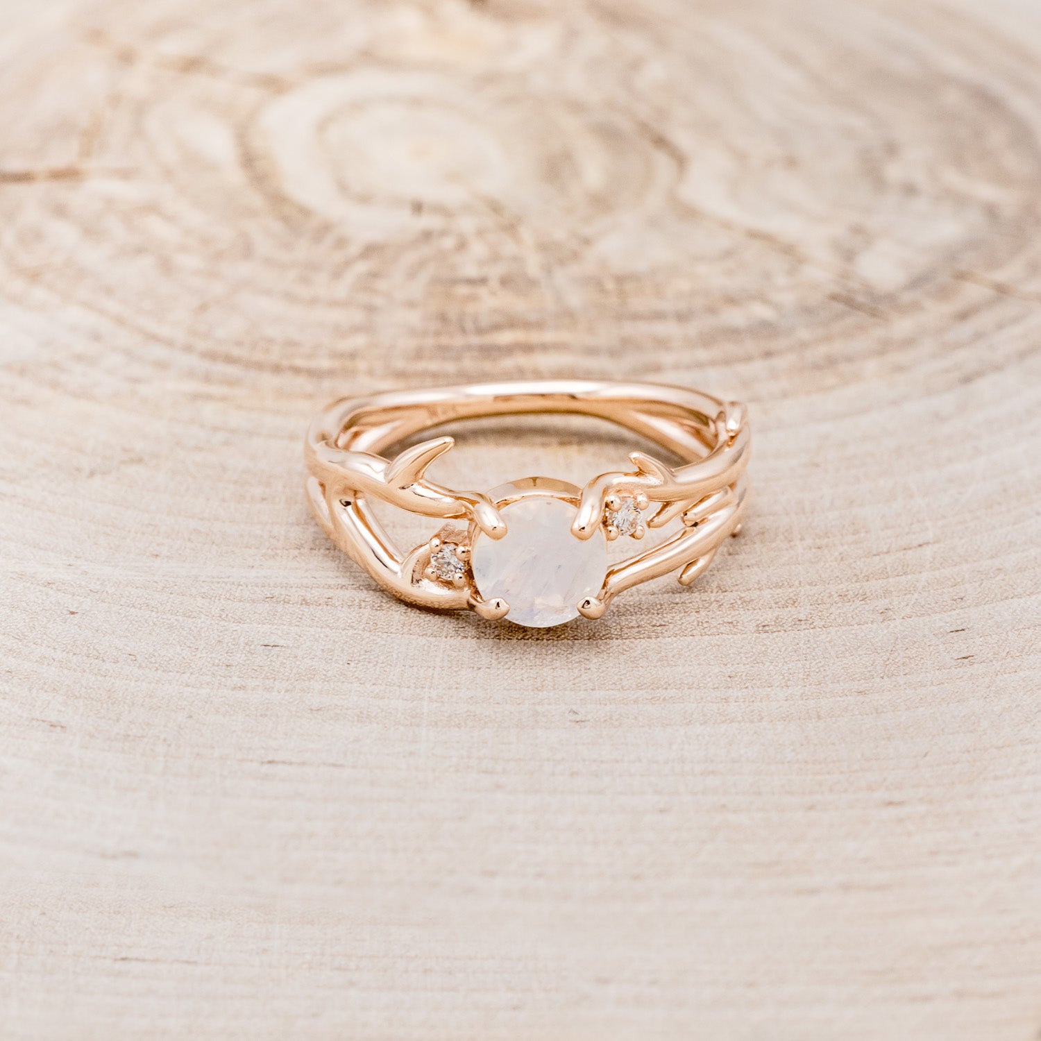 "ARTEMIS" - ROUND CUT MOONSTONE ENGAGEMENT RING WITH ANTLER-STYLE BAND & DIAMOND ACCENTS-4