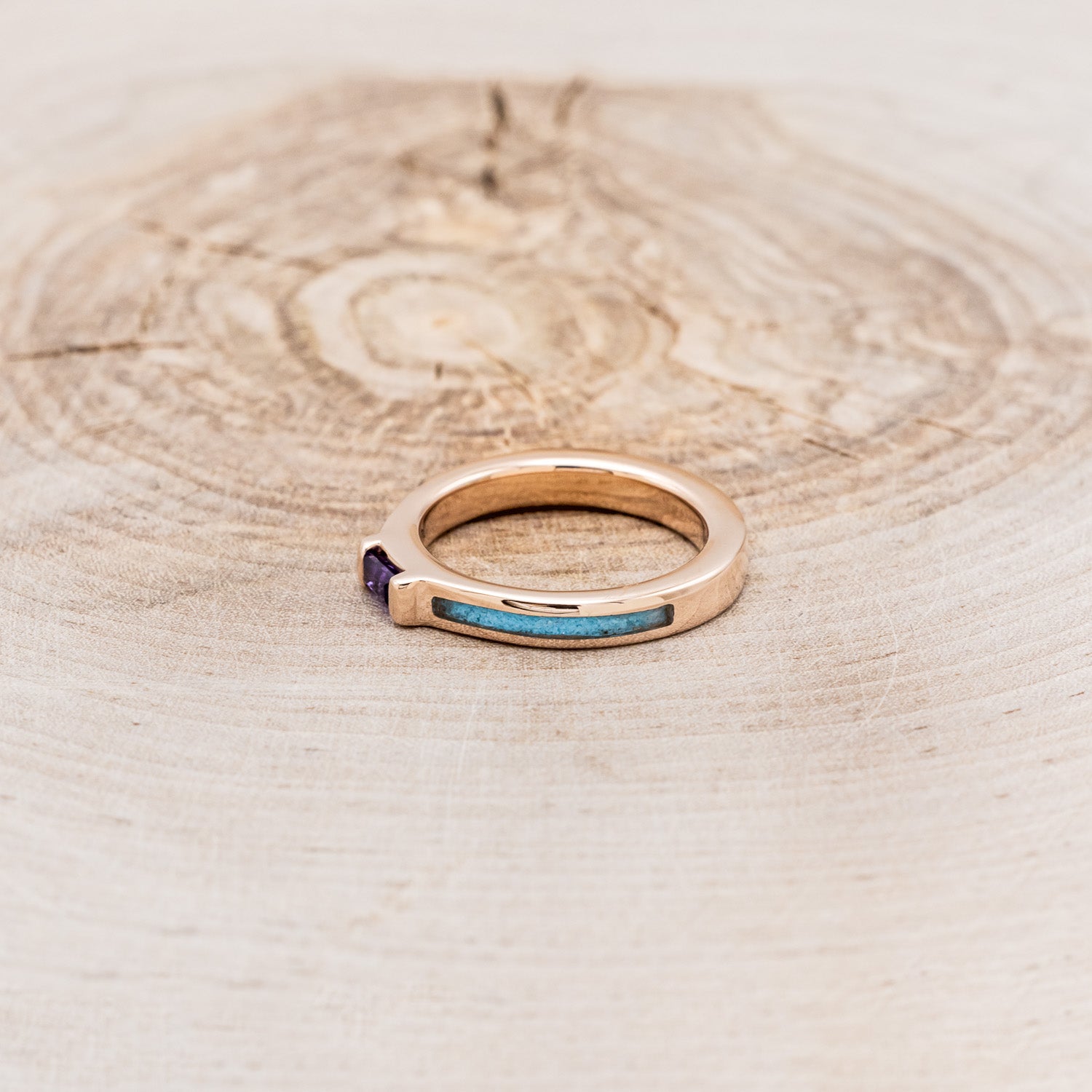 14K GOLD WEDDING BAND WITH AMETHYST CENTER STONE & TURQUOISE INLAYS-9