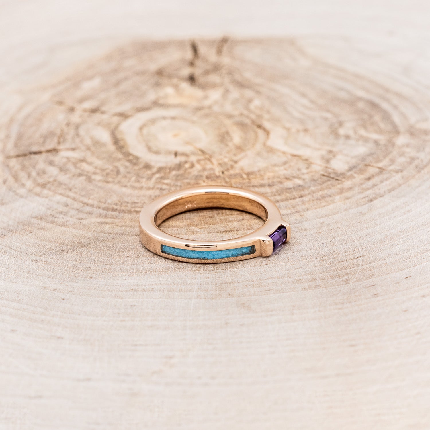 14K GOLD WEDDING BAND WITH AMETHYST CENTER STONE & TURQUOISE INLAYS-8